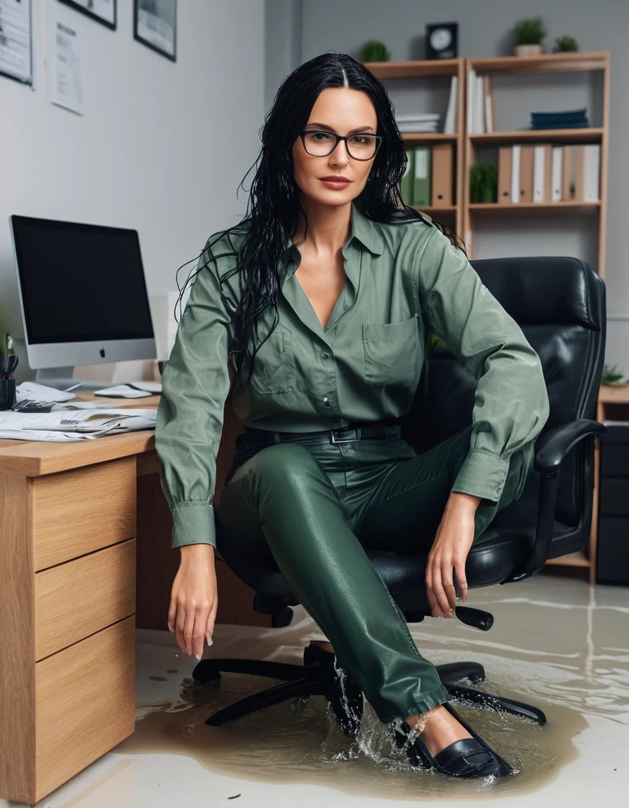 photo of young woman, in soaking wet, drenched clothes,
office shoes , long black jeans, dark green jeans shirt with long sleeves, in flooded office room on the swivel chair. Half meter water level in the office, 
enjoying, wet clothes stuck to body,
detailed textures of the wet clothes, wet face, wet plastered hair,
wet, drenched, professional, high-quality details, full body view.
sharp focus, ultra-high pixel detail, realistic, high-quality, full colors, incredibly detailed, 4k, 8k, 16k, hyper-realistic, RAW photo, masterpiece, ultra-detailed, professionally color graded, professional photograph, woman 51 years old, long black hair, very big and thick lips, office glasses, complete body, open mouth,, dry skin, dry clothes, dry fabric