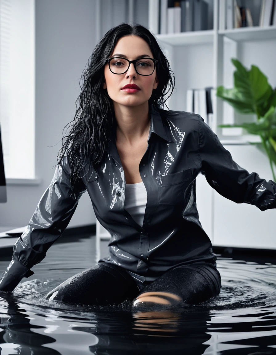 photo of young woman, in soaking wet, drenched clothes,
office shoes , long black jeans, black jeans shirt with long sleeves, in flooded office room on the swivel chair. Half meter water level in the office, 
enjoying, wet clothes stuck to body,
detailed textures of the wet clothes, wet face, wet plastered hair,
wet, drenched, professional, high-quality details, full body view.
sharp focus, ultra-high pixel detail, realistic, high-quality, full colors, incredibly detailed, 4k, 8k, 16k, hyper-realistic, RAW photo, masterpiece, ultra-detailed, professionally color graded, professional photograph, woman 51 years old, long black hair, very big and thick lips, office glasses, complete body, open mouth,, dry skin, dry clothes, dry fabric