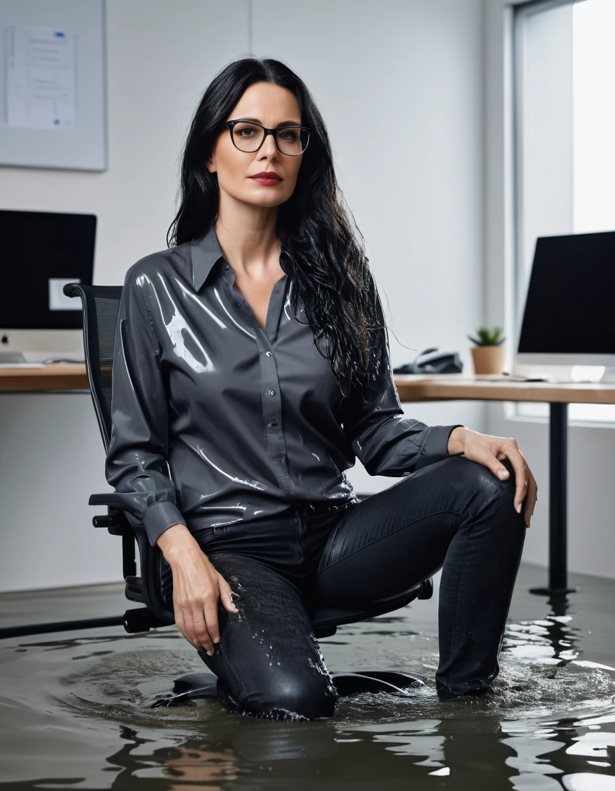 photo of young woman, in soaking wet, drenched clothes,
office shoes , long black jeans, black jeans shirt with long sleeves, in flooded office room on the swivel chair. Half meter water level in the office, 
enjoying, wet clothes stuck to body,
detailed textures of the wet clothes, wet face, wet plastered hair,
wet, drenched, professional, high-quality details, full body view.
sharp focus, ultra-high pixel detail, realistic, high-quality, full colors, incredibly detailed, 4k, 8k, 16k, hyper-realistic, RAW photo, masterpiece, ultra-detailed, professionally color graded, professional photograph, woman 51 years old, long black hair, very big and thick lips, office glasses, complete body, open mouth,, dry skin, dry clothes, dry fabric