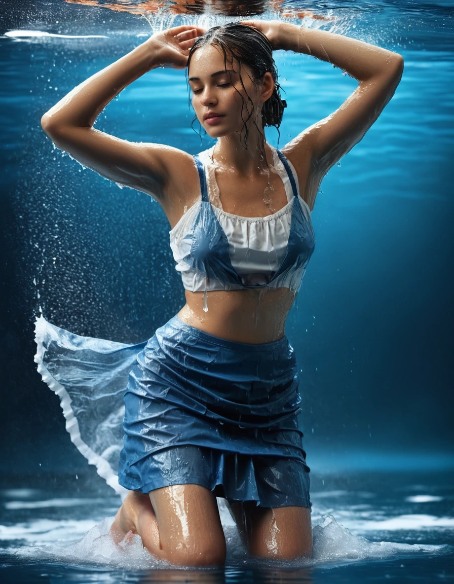 photo of young woman, in soaking wet, drenched clothes,
sandals, blue skirt, white shart, under water, 
enjoying, wet clothes stuck to body,
detailed textures of the wet clothes, wet face, wet plastered hair,
wet, drenched, professional, high-quality details, full body view.
sharp focus, ultra-high pixel detail, realistic, high-quality, full colors, incredibly detailed, 4k, 8k, 16k, hyper-realistic, RAW photo, masterpiece, ultra-detailed, professionally color graded, professional photograph, fly skirt, dry skin, dry clothes, dry fabric