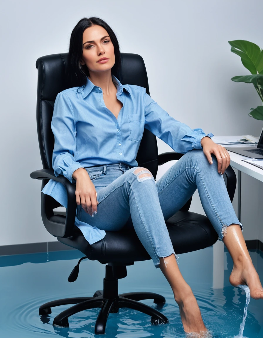 photo of young woman, in soaking wet, drenched clothes,
office shoes , long light blue jeans, light blue jeans shirt with long sleeves, in flooded office room on the swivel chair. Half meter water level in the office, 
enjoying, wet clothes stuck to body,
detailed textures of the wet clothes, wet face, wet plastered hair,
wet, drenched, professional, high-quality details, full body view.
sharp focus, ultra-high pixel detail, realistic, high-quality, full colors, incredibly detailed, 4k, 8k, 16k, hyper-realistic, RAW photo, masterpiece, ultra-detailed, professionally color graded, professional photograph, woman 51 years old, long black hair, very big and thick lips, office glasses, complete body, open mouth,, dry skin, dry clothes, dry fabric