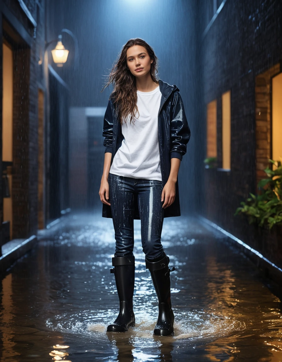 photo of young woman, in soaking wet, drenched clothes,
black rubber knee-high rain boots, fitted dark indigo leather jeans, soaked and clinging, heavy white cotton crewneck t-shirt, completely translucent from water saturation, illuminated apartment courtyard at night, wet cobblestone ground, 
enjoying, wet clothes stuck to body,
detailed textures of the wet clothes, wet face, wet plastered hair,
wet, drenched, professional, high-quality details, full body view.
sharp focus, ultra-high pixel detail, realistic, high-quality, full colors, incredibly detailed, 4k, 8k, 16k, hyper-realistic, RAW photo, masterpiece, ultra-detailed, professionally color graded, professional photograph, cinematic rainy atmosphere, dramatic fountain spray backlight, beads of water dripping from hair, sharp focus, highly detailed texture, hyper-realistic, 8k resolution, glistening skin, dry skin, dry clothes, dry fabric