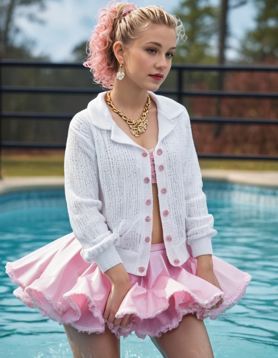 photo of young woman, in soaking wet, drenched clothes,
white knee socks, saddle shoes, full white petticoat, long pink poodle skirt soaking wet, wet nude stockings, wet white garter belt, thin white cardigan sweater soaking wet, clinging to skin, floating in a swimming pool, 
enjoying, wet clothes stuck to body,
detailed textures of the wet clothes, wet face, wet plastered hair,
wet, drenched, professional, high-quality details, full body view.
sharp focus, ultra-high pixel detail, realistic, high-quality, full colors, incredibly detailed, 4k, 8k, 16k, hyper-realistic, RAW photo, masterpiece, ultra-detailed, professionally color graded, professional photograph, wet long blonde ponytail hair, gold necklace, gold earrings, dry skin, dry clothes, dry fabric