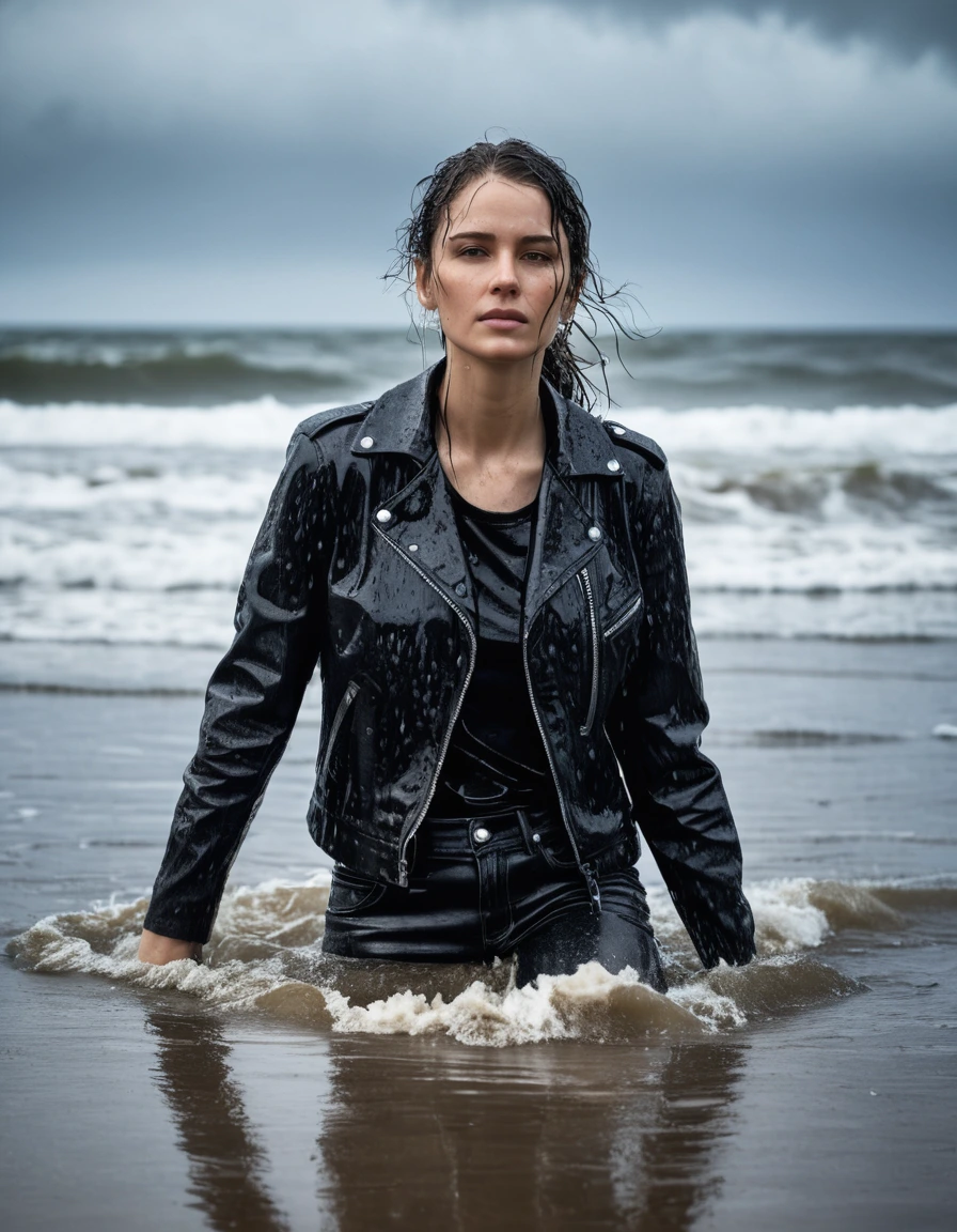 photo of young woman, in soaking wet, drenched clothes,
Black leather ankle boots, soaked and glistening , skin tight black leather jeans, saturated, water-drenched black long sleeve leather shirt, black leather jacket, saturated, lying in the waves on the beach at night, heavy rain, drenched, close up, 
enjoying, wet clothes stuck to body,
detailed textures of the wet clothes, wet face, wet plastered hair,
wet, drenched, professional, high-quality details, full body view.
sharp focus, ultra-high pixel detail, realistic, high-quality, full colors, incredibly detailed, 4k, 8k, 16k, hyper-realistic, RAW photo, masterpiece, ultra-detailed, professionally color graded, professional photograph, streaming raindrops, fabric transparency, high-contrast water cling, cinematic lighting, photorealistic, 8k, water dripping from hem, storm aftermath atmosphere, dry skin, dry clothes, dry fabric