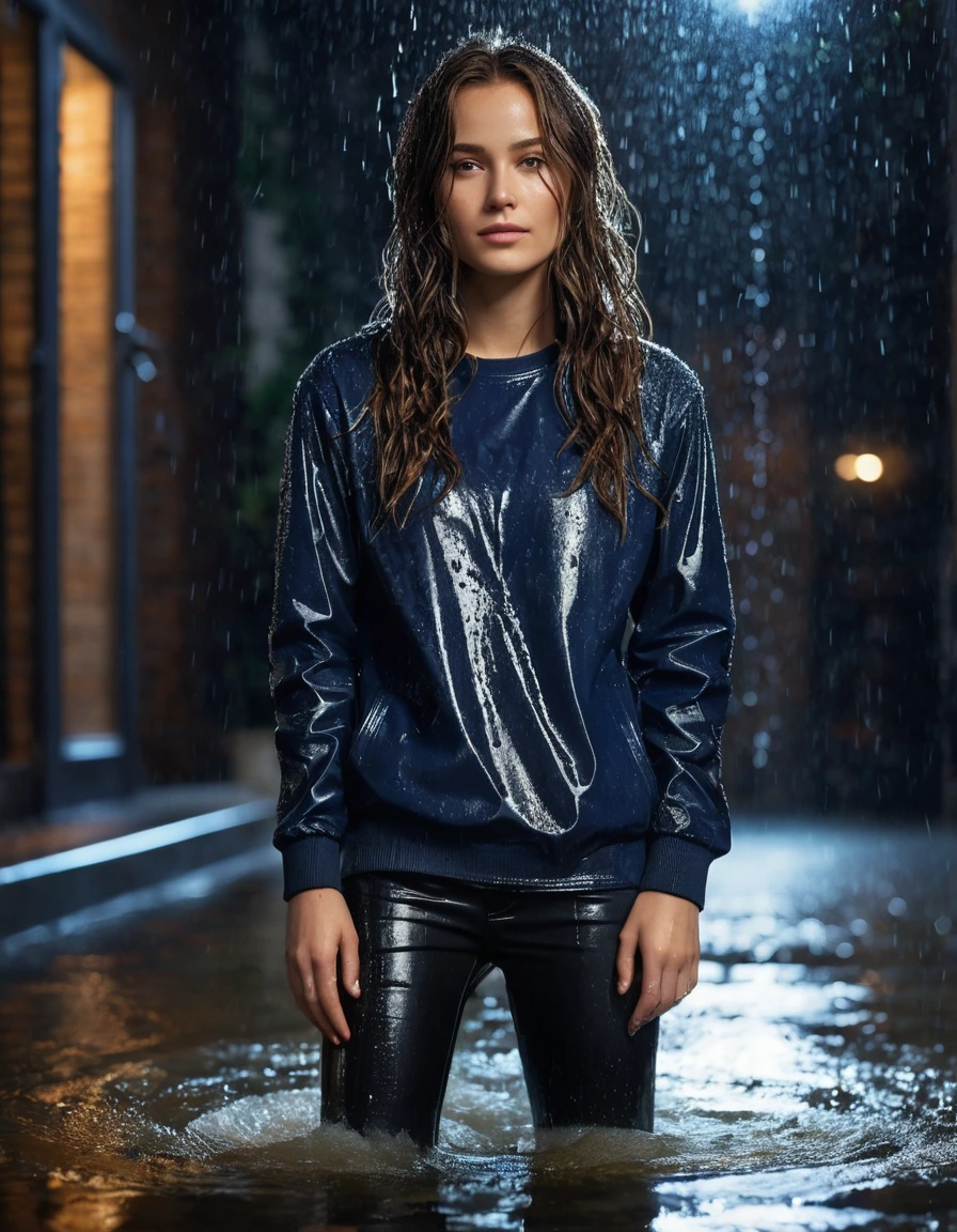 photo of young woman, in soaking wet, drenched clothes,
black rubber knee-high rain boots, fitted dark indigo leather jeans, soaked and clinging, heavy white cotton crewneck t-shirt, completely translucent from water saturation, illuminated apartment courtyard at night, wet cobblestone ground, close up, 
enjoying, wet clothes stuck to body,
detailed textures of the wet clothes, wet face, wet plastered hair,
wet, drenched, professional, high-quality details, full body view.
sharp focus, ultra-high pixel detail, realistic, high-quality, full colors, incredibly detailed, 4k, 8k, 16k, hyper-realistic, RAW photo, masterpiece, ultra-detailed, professionally color graded, professional photograph, cinematic rainy atmosphere, dramatic fountain spray backlight, beads of water dripping from hair, sharp focus, highly detailed texture, hyper-realistic, 8k resolution, glistening skin, dry skin, dry clothes, dry fabric