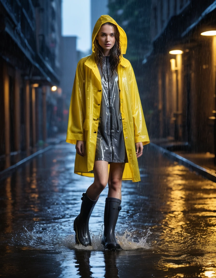 photo of young woman, in soaking wet, drenched clothes,
black rubber rain boots, puddles around soles, sheer charcoal grey tights, glistening with rainwater, oversized translucent yellow raincoat, buttoned to the neck, illuminated hotel driveway at night under heavy rain, 
enjoying, wet clothes stuck to body,
detailed textures of the wet clothes, wet face, wet plastered hair,
wet, drenched, professional, high-quality details, full body view.
sharp focus, ultra-high pixel detail, realistic, high-quality, full colors, incredibly detailed, 4k, 8k, 16k, hyper-realistic, RAW photo, masterpiece, ultra-detailed, professionally color graded, professional photograph, candid paparazzi style, high shutter speed, dramatic street lamp backlighting, soaked fabric clinging to silhouette, water droplets splashing, cinematic raindrops, realistic wet texture, high contrast, dry skin, dry clothes, dry fabric