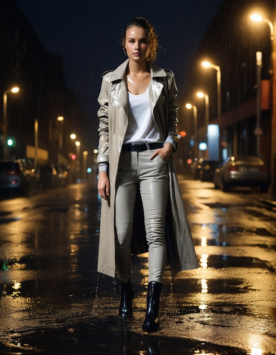 photo of young woman, in soaking wet, drenched clothes,
soaked black leather ankle boots, translucent clingy grey leggings, drenched oversized beige trench coat over a white cotton t-shirt, dimly lit suburban street at night under a rusted metal drainpipe, 
enjoying, wet clothes stuck to body,
detailed textures of the wet clothes, wet face, wet plastered hair,
wet, drenched, professional, high-quality details, full body view.
sharp focus, ultra-high pixel detail, realistic, high-quality, full colors, incredibly detailed, 4k, 8k, 16k, hyper-realistic, RAW photo, masterpiece, ultra-detailed, professionally color graded, professional photograph, heavy downpour, drenched fabric clinging to skin, glistening wet texture, vibrant city lights reflection on asphalt, sharp cinematic lighting, water droplets splashing, photorealistic, dry skin, dry clothes, dry fabric