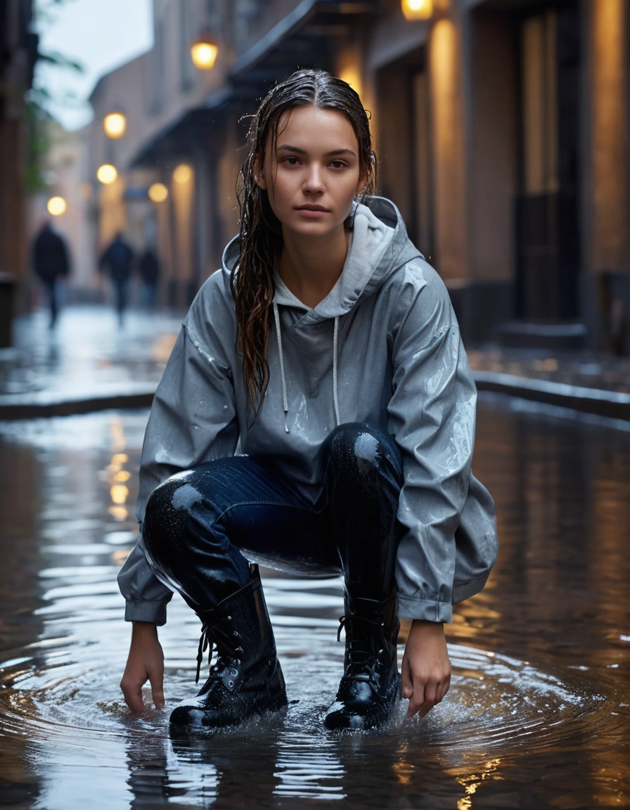 photo of young woman, in soaking wet, drenched clothes,
black rubber knee-high rain boots, fitted dark indigo leather jeans, soaked and clinging, heavy white cotton crewneck t-shirt, completely translucent from water saturation, illuminated apartment courtyard at night, wet cobblestone ground, 
enjoying, wet clothes stuck to body,
detailed textures of the wet clothes, wet face, wet plastered hair,
wet, drenched, professional, high-quality details, full body view.
sharp focus, ultra-high pixel detail, realistic, high-quality, full colors, incredibly detailed, 4k, 8k, 16k, hyper-realistic, RAW photo, masterpiece, ultra-detailed, professionally color graded, professional photograph, cinematic rainy atmosphere, dramatic fountain spray backlight, beads of water dripping from hair, sharp focus, highly detailed texture, hyper-realistic, 8k resolution, glistening skin, dry skin, dry clothes, dry fabric