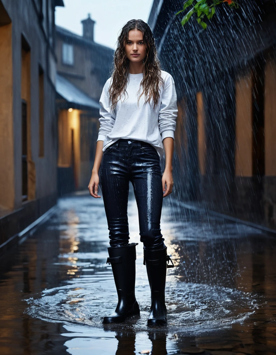 photo of young woman, in soaking wet, drenched clothes,
black rubber knee-high rain boots, fitted dark indigo leather jeans, soaked and clinging, heavy white cotton crewneck t-shirt, completely translucent from water saturation, illuminated apartment courtyard at night, wet cobblestone ground, 
enjoying, wet clothes stuck to body,
detailed textures of the wet clothes, wet face, wet plastered hair,
wet, drenched, professional, high-quality details, full body view.
sharp focus, ultra-high pixel detail, realistic, high-quality, full colors, incredibly detailed, 4k, 8k, 16k, hyper-realistic, RAW photo, masterpiece, ultra-detailed, professionally color graded, professional photograph, cinematic rainy atmosphere, dramatic fountain spray backlight, beads of water dripping from hair, sharp focus, highly detailed texture, hyper-realistic, 8k resolution, glistening skin, dry skin, dry clothes, dry fabric