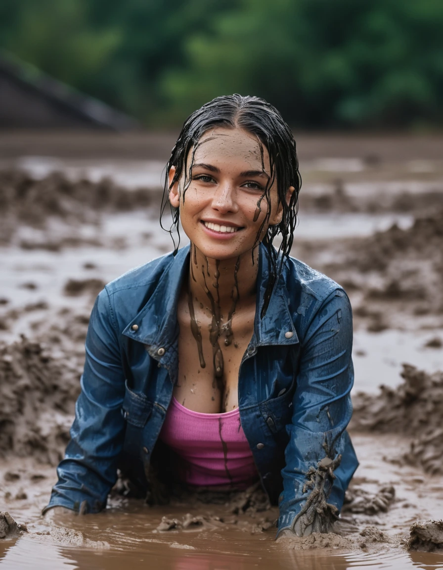 photo of young woman, in soaking wet, drenched clothes,
white convers, blue bootcut jeans, pullover, Dark muddy indoor disco club at night. Deep mud on the floor, mud splashed walls, dripping mud from above, very dark mood lighting with pink and blue neon lights from above. Muddy chairs and sofas in the background. , 
enjoying, wet clothes stuck to body,
detailed textures of the wet clothes, wet face, wet plastered hair,
wet, drenched, professional, high-quality details, full body view.
sharp focus, ultra-high pixel detail, realistic, high-quality, full colors, incredibly detailed, 4k, 8k, 16k, hyper-realistic, RAW photo, masterpiece, ultra-detailed, professionally color graded, professional photograph, a stunning black haired 30 years old beautiful girl wallowing together in the deep muddy pool after a full dip in it. They are proudly wearing their fully and heavily mud-covered. Every small details of the clothes are muddy, muddy beautiful faces. Straight muddy very long open wavy hairstyle, muddy hair, smiling and satisfied beautiful muddy faces, highly photorealistic detailed facial features and expressions., dry skin, dry clothes, dry fabric