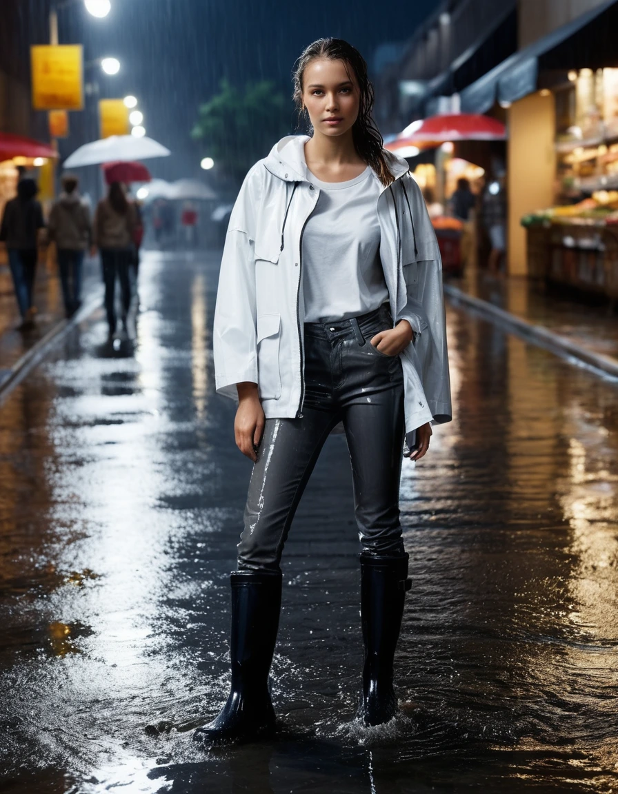 photo of young woman, in soaking wet, drenched clothes,
black rubber rain boots, slick surface, charcoal grey leather jeans, clinging to skin, saturated fabric, white oversized cotton t-shirt, translucent from water, drenched fabric, illuminated outdoor grocery plaza at night, wet asphalt, street lamps reflecting, 
enjoying, wet clothes stuck to body,
detailed textures of the wet clothes, wet face, wet plastered hair,
wet, drenched, professional, high-quality details, full body view.
sharp focus, ultra-high pixel detail, realistic, high-quality, full colors, incredibly detailed, 4k, 8k, 16k, hyper-realistic, RAW photo, masterpiece, ultra-detailed, professionally color graded, professional photograph, heavy rainfall, water droplets splashing on shoulders, fabric transparency, dramatic cinematic lighting, photorealistic, high contrast, 8k resolution, dry skin, dry clothes, dry fabric