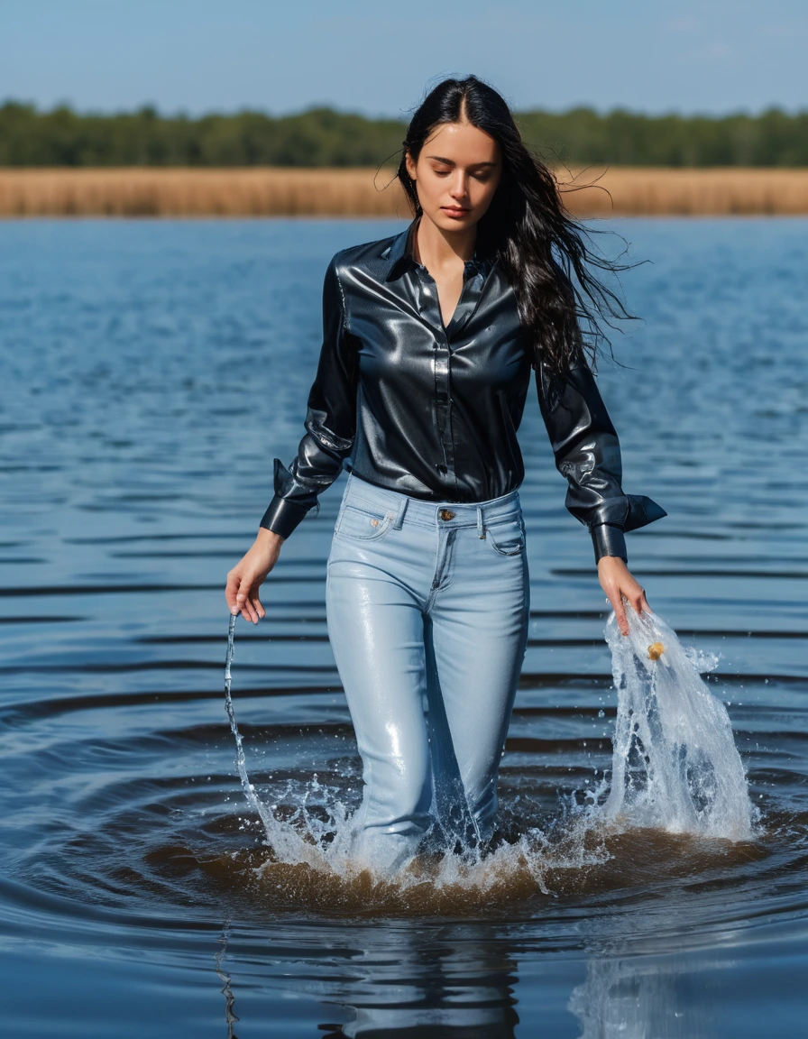 photo of young woman, in soaking wet, drenched clothes,
office shoes , long light blue leather jeans shinning, black satin shirt with long sleeves, walking submerged in sunny lake, 
enjoying, wet clothes stuck to body,
detailed textures of the wet clothes, wet face, wet plastered hair,
wet, drenched, professional, high-quality details, full body view.
sharp focus, ultra-high pixel detail, realistic, high-quality, full colors, incredibly detailed, 4k, 8k, 16k, hyper-realistic, RAW photo, masterpiece, ultra-detailed, professionally color graded, professional photograph, woman 31 years old, long black hair, complete body, dry skin, dry clothes, dry fabric