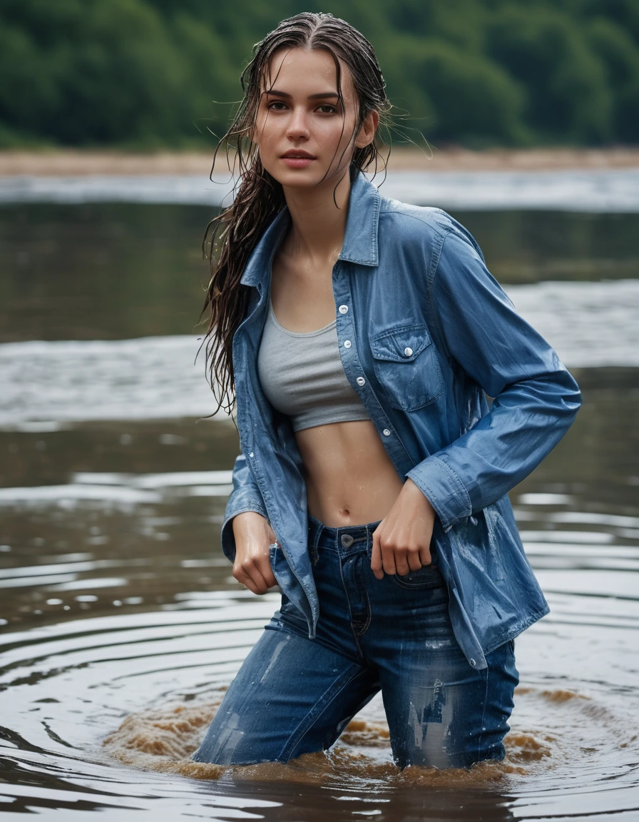photo of young woman, in soaking wet, drenched clothes,
blue converse, blue bootcut jeans, cheched shirt, sea, 
enjoying, wet clothes stuck to body,
detailed textures of the wet clothes, wet face, wet plastered hair,
wet, drenched, professional, high-quality details, full body view.
sharp focus, ultra-high pixel detail, realistic, high-quality, full colors, incredibly detailed, 4k, 8k, 16k, hyper-realistic, RAW photo, masterpiece, ultra-detailed, professionally color graded, professional photograph, dry skin, dry clothes, dry fabric