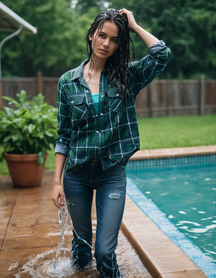 photo of young woman, in soaking wet, drenched clothes,
blue converse, blue bootcut jeans, a plaid lumberjack shirt over a green tank top, pool, 
enjoying, wet clothes stuck to body,
detailed textures of the wet clothes, wet face, wet plastered hair,
wet, drenched, professional, high-quality details, full body view.
sharp focus, ultra-high pixel detail, realistic, high-quality, full colors, incredibly detailed, 4k, 8k, 16k, hyper-realistic, RAW photo, masterpiece, ultra-detailed, professionally color graded, professional photograph, long black hair driping wet, dry skin, dry clothes, dry fabric