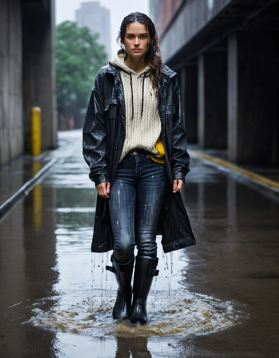 photo of young woman, in soaking wet, drenched clothes,
black rubber knee-high rain boots, fitted dark denim skinny jeans, completely soaked, clinging to skin, oversized beige cable-knit sweater, heavy with water, dripping at the hem, concrete entrance of a dimly lit parking garage, city street in the background, 
enjoying, wet clothes stuck to body,
detailed textures of the wet clothes, wet face, wet plastered hair,
wet, drenched, professional, high-quality details, full body view.
sharp focus, ultra-high pixel detail, realistic, high-quality, full colors, incredibly detailed, 4k, 8k, 16k, hyper-realistic, RAW photo, masterpiece, ultra-detailed, professionally color graded, professional photograph, caught in a torrential downpour, glistening skin, heavy rain droplets, dramatic cinematic lighting, photorealistic, 8k, high contrast, hair plastered to face, shivering expression, dry skin, dry clothes, dry fabric