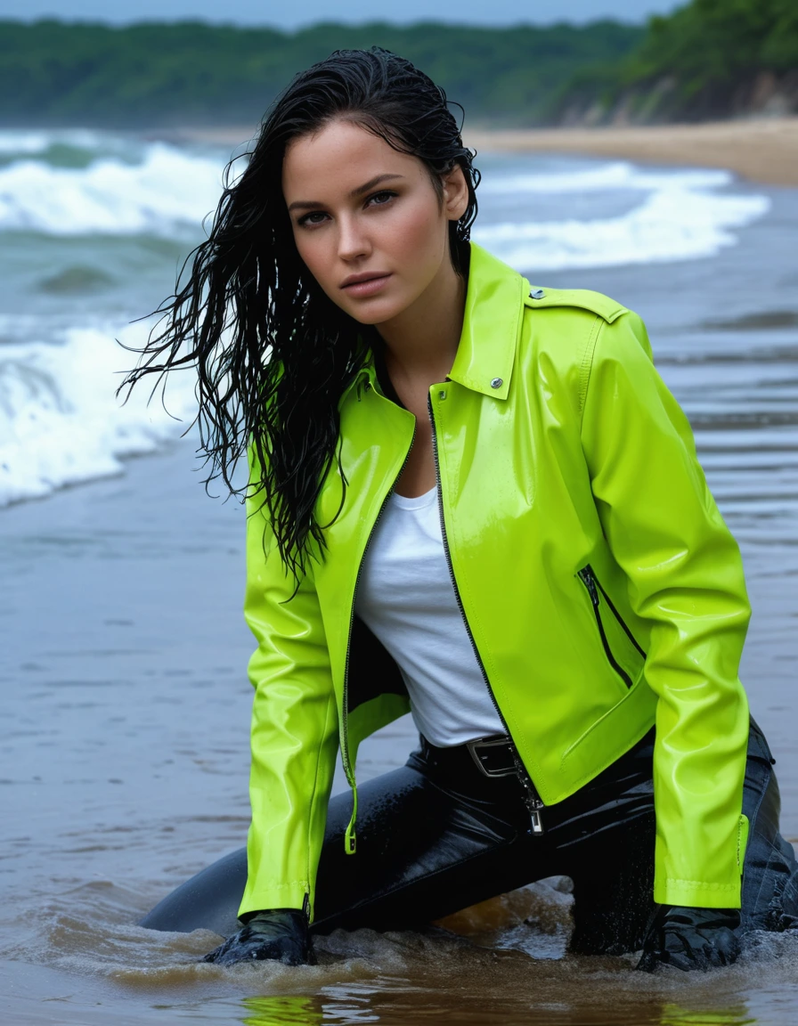 photo of young woman, in soaking wet, drenched clothes,
Black leather ankle boots, soaked and glistening , skin tight black leather jeans, saturated, water-drenched white latex shirt, neon green leather jacket, saturated, lying in the waves on the beach at night, heavy rain, drenched, close up, 
enjoying, wet clothes stuck to body,
detailed textures of the wet clothes, wet face, wet plastered hair,
wet, drenched, professional, high-quality details, full body view.
sharp focus, ultra-high pixel detail, realistic, high-quality, full colors, incredibly detailed, 4k, 8k, 16k, hyper-realistic, RAW photo, masterpiece, ultra-detailed, professionally color graded, professional photograph, streaming raindrops, fabric transparency, high-contrast water cling, cinematic lighting, photorealistic, 8k, water dripping from hem, storm aftermath atmosphere, dry skin, dry clothes, dry fabric