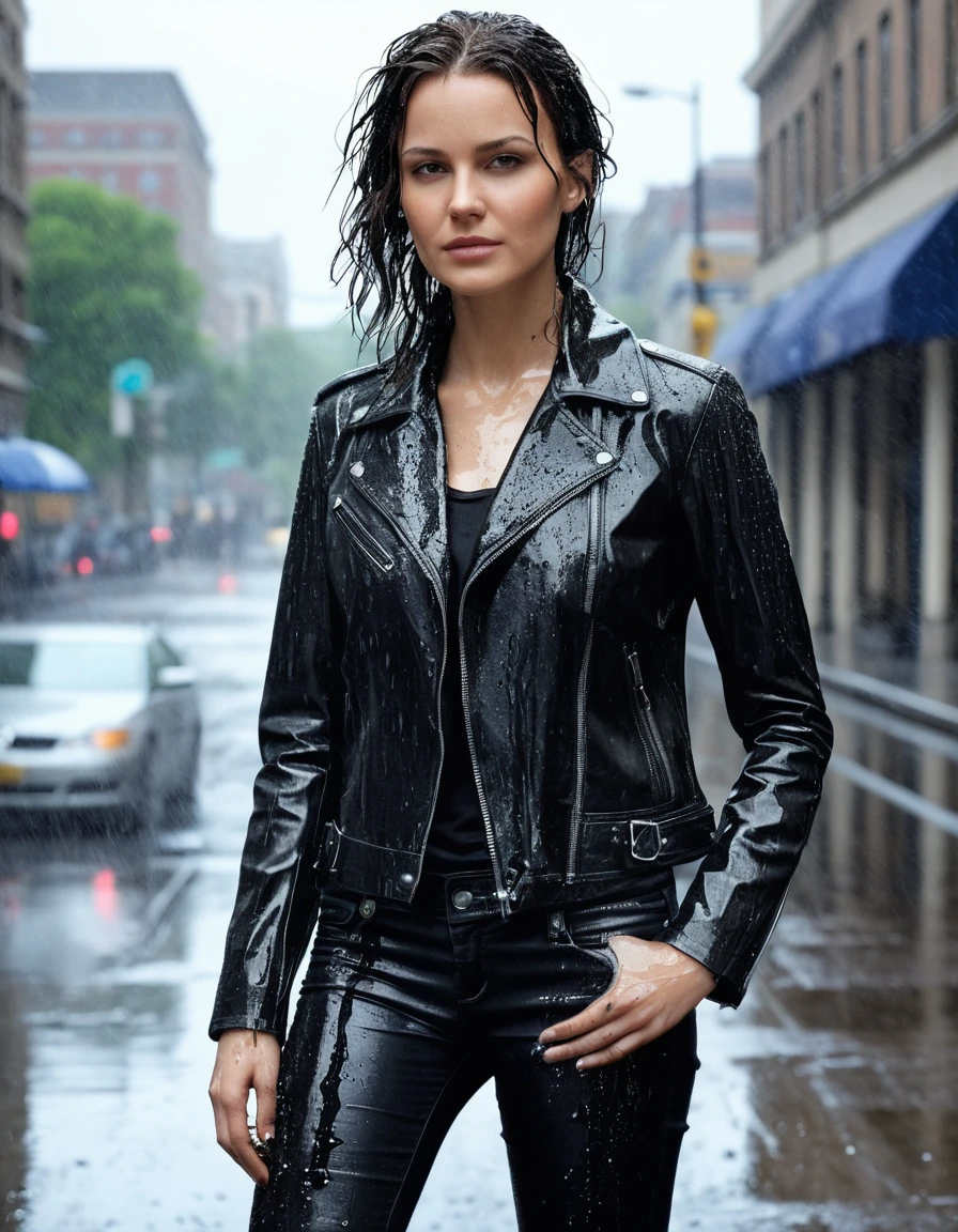photo of young woman, in soaking wet, drenched clothes,
Black leather ankle boots, soaked and glistening , skin tight black leather jeans, saturated, water-drenched black long sleeve leather shirt, black bikers leather jacket, elegant hotel driveway, wet pavement reflecting bright daylight, drenched, close up, 
enjoying, wet clothes stuck to body,
detailed textures of the wet clothes, wet face, wet plastered hair,
wet, drenched, professional, high-quality details, full body view.
sharp focus, ultra-high pixel detail, realistic, high-quality, full colors, incredibly detailed, 4k, 8k, 16k, hyper-realistic, RAW photo, masterpiece, ultra-detailed, professionally color graded, professional photograph, streaming raindrops, fabric transparency, high-contrast water cling, cinematic lighting, photorealistic, 8k, water dripping from hem, storm aftermath atmosphere, dry skin, dry clothes, dry fabric