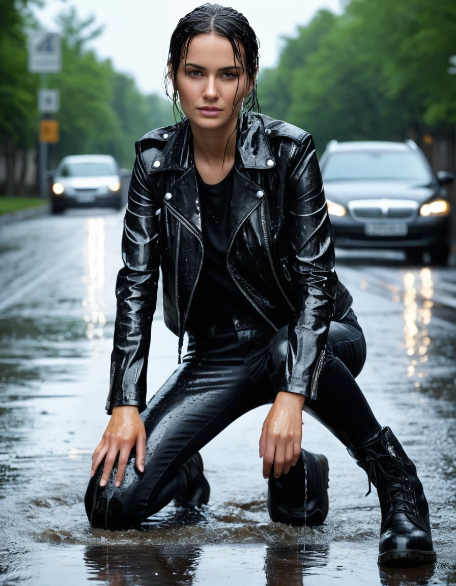 photo of young woman, in soaking wet, drenched clothes,
Black leather ankle boots, soaked and glistening , skin tight black leather jeans, saturated, water-drenched black long sleeve leather shirt, black bikers leather jacket, elegant hotel driveway, wet pavement reflecting bright daylight, drenched, close up, 
enjoying, wet clothes stuck to body,
detailed textures of the wet clothes, wet face, wet plastered hair,
wet, drenched, professional, high-quality details, full body view.
sharp focus, ultra-high pixel detail, realistic, high-quality, full colors, incredibly detailed, 4k, 8k, 16k, hyper-realistic, RAW photo, masterpiece, ultra-detailed, professionally color graded, professional photograph, streaming raindrops, fabric transparency, high-contrast water cling, cinematic lighting, photorealistic, 8k, water dripping from hem, storm aftermath atmosphere, dry skin, dry clothes, dry fabric