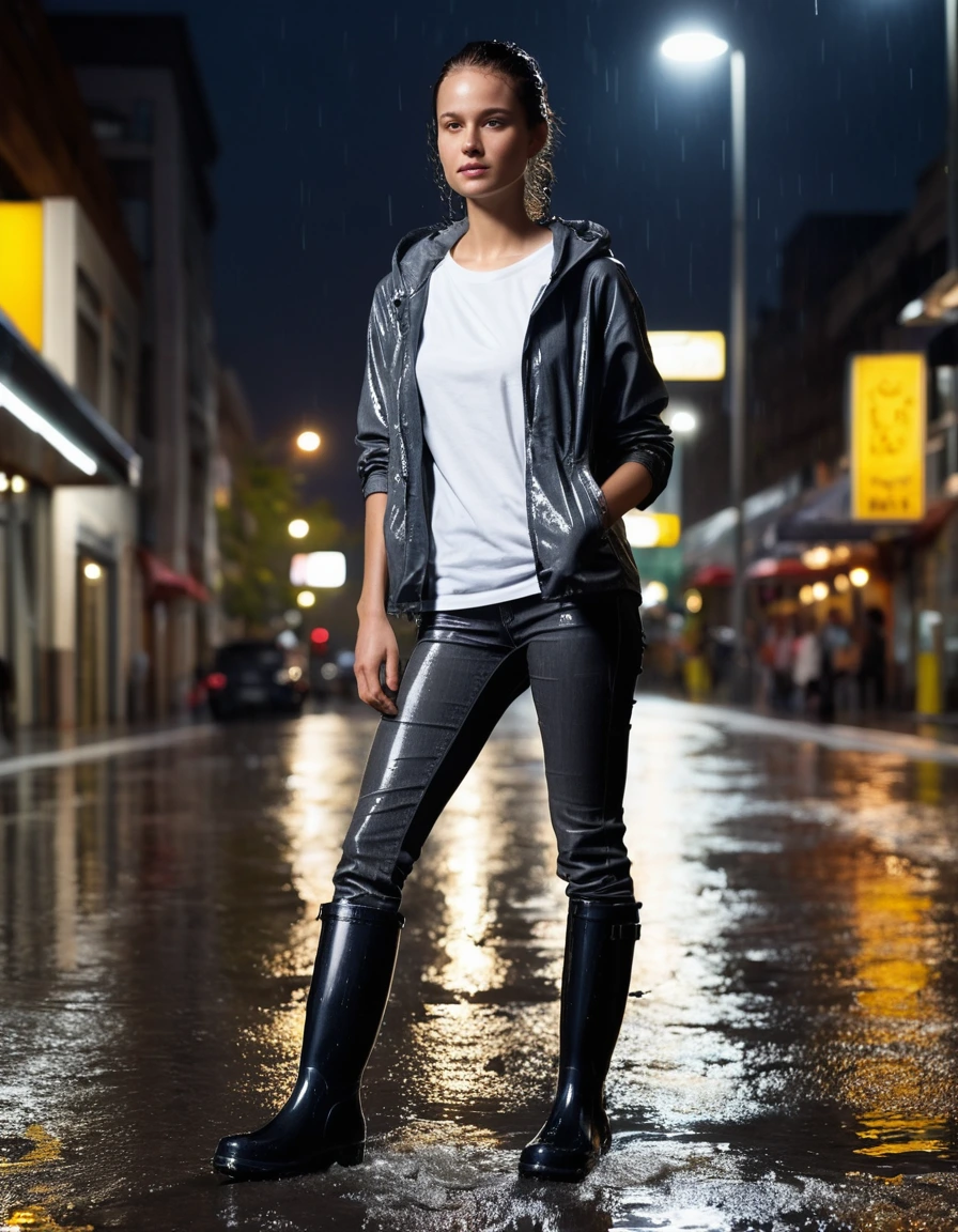photo of young woman, in soaking wet, drenched clothes,
black rubber rain boots, slick surface, charcoal grey leather jeans, clinging to skin, saturated fabric, white oversized cotton t-shirt, translucent from water, drenched fabric, illuminated outdoor grocery plaza at night, wet asphalt, street lamps reflecting, 
enjoying, wet clothes stuck to body,
detailed textures of the wet clothes, wet face, wet plastered hair,
wet, drenched, professional, high-quality details, full body view.
sharp focus, ultra-high pixel detail, realistic, high-quality, full colors, incredibly detailed, 4k, 8k, 16k, hyper-realistic, RAW photo, masterpiece, ultra-detailed, professionally color graded, professional photograph, heavy rainfall, water droplets splashing on shoulders, fabric transparency, dramatic cinematic lighting, photorealistic, high contrast, 8k resolution, dry skin, dry clothes, dry fabric