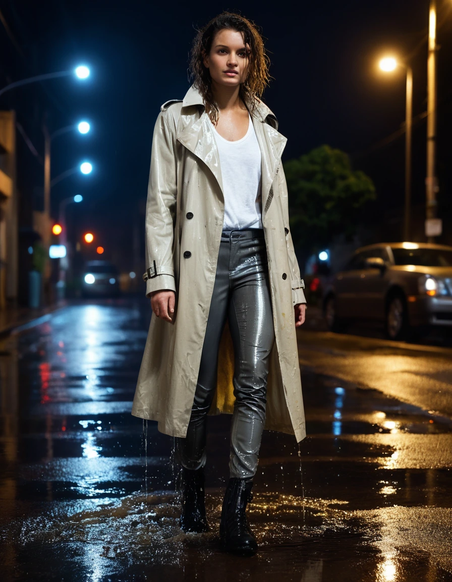 photo of young woman, in soaking wet, drenched clothes,
soaked black leather ankle boots, translucent clingy grey leggings, drenched oversized beige trench coat over a white cotton t-shirt, dimly lit suburban street at night under a rusted metal drainpipe, 
enjoying, wet clothes stuck to body,
detailed textures of the wet clothes, wet face, wet plastered hair,
wet, drenched, professional, high-quality details, full body view.
sharp focus, ultra-high pixel detail, realistic, high-quality, full colors, incredibly detailed, 4k, 8k, 16k, hyper-realistic, RAW photo, masterpiece, ultra-detailed, professionally color graded, professional photograph, heavy downpour, drenched fabric clinging to skin, glistening wet texture, vibrant city lights reflection on asphalt, sharp cinematic lighting, water droplets splashing, photorealistic, dry skin, dry clothes, dry fabric
