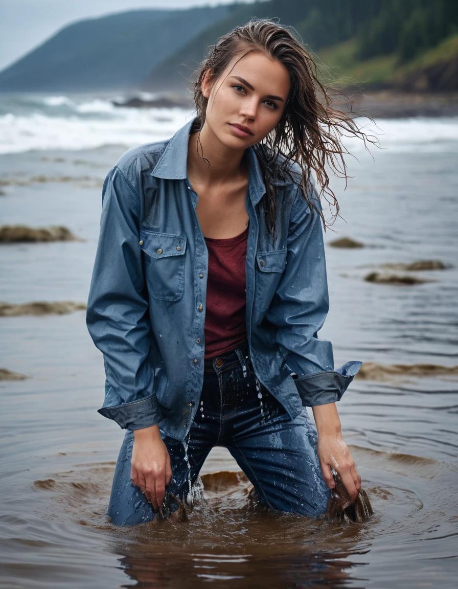 photo of young woman, in soaking wet, drenched clothes,
blue converse, blue bootcut jeans, lumberjack shirt, sea, 
enjoying, wet clothes stuck to body,
detailed textures of the wet clothes, wet face, wet plastered hair,
wet, drenched, professional, high-quality details, full body view.
sharp focus, ultra-high pixel detail, realistic, high-quality, full colors, incredibly detailed, 4k, 8k, 16k, hyper-realistic, RAW photo, masterpiece, ultra-detailed, professionally color graded, professional photograph, dry skin, dry clothes, dry fabric
