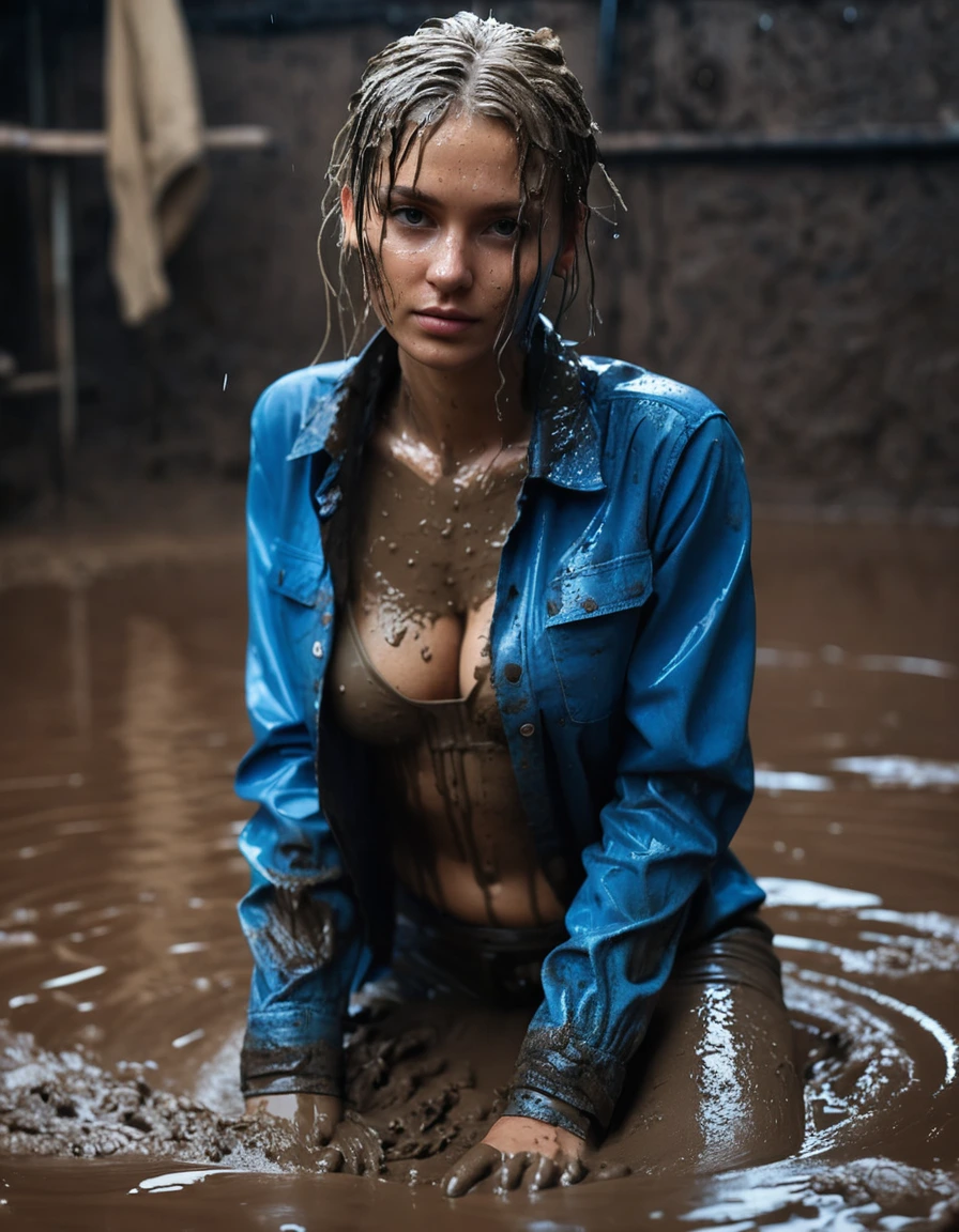 photo of young woman, in soaking wet, drenched clothes,
Muddy sneakers, muddy white bootcut jeans, Full muddy  shirt., Dark muddy indoor disco club at night. Deep mud on the floor, mud splashed walls, dripping mud from above, very dark mood lighting with pink and blue neon lights from above. Muddy chairs and sofas in the background. Her black hair and face covered in mud, 
enjoying, wet clothes stuck to body,
detailed textures of the wet clothes, wet face, wet plastered hair,
wet, drenched, professional, high-quality details, full body view.
sharp focus, ultra-high pixel detail, realistic, high-quality, full colors, incredibly detailed, 4k, 8k, 16k, hyper-realistic, RAW photo, masterpiece, ultra-detailed, professionally color graded, professional photograph, Three stunning blonde 30 years old beautiful women are wallowing together in the deep muddy pool, dry skin, dry clothes, dry fabric, dry skin, dry clothes, dry fabric