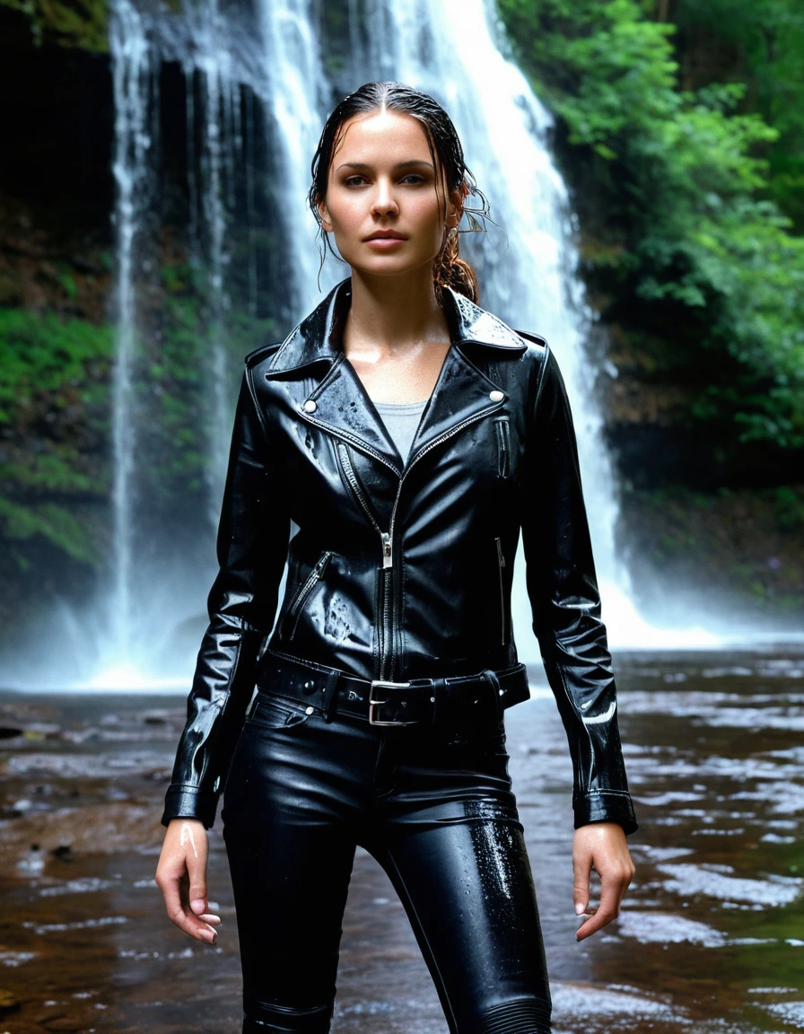 photo of young woman, in soaking wet, drenched clothes,
Black leather ankle boots, soaked and glistening , skin tight black leather jeans, saturated, water-drenched black long sleeve leather shirt, black bikers leather jacket, staning under a waterfall in the mountains, heavy rain, drenched, close up, 
enjoying, wet clothes stuck to body,
detailed textures of the wet clothes, wet face, wet plastered hair,
wet, drenched, professional, high-quality details, full body view.
sharp focus, ultra-high pixel detail, realistic, high-quality, full colors, incredibly detailed, 4k, 8k, 16k, hyper-realistic, RAW photo, masterpiece, ultra-detailed, professionally color graded, professional photograph, streaming raindrops, fabric transparency, high-contrast water cling, cinematic lighting, photorealistic, 8k, water dripping from hem, storm aftermath atmosphere, dry skin, dry clothes, dry fabric