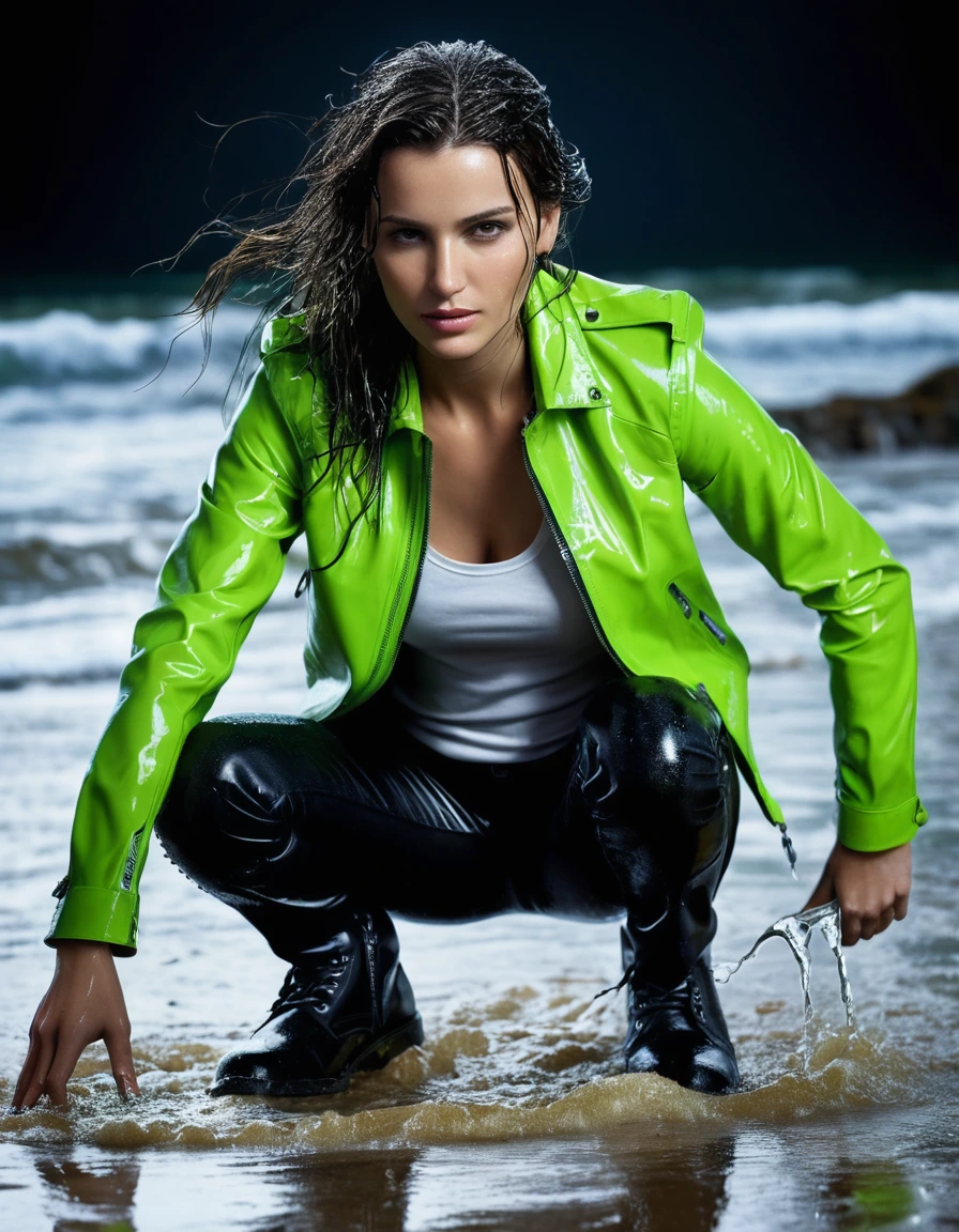 photo of young woman, in soaking wet, drenched clothes,
Black leather ankle boots, soaked and glistening , skin tight black leather jeans, saturated, water-drenched white latex shirt, neon green leather jacket, saturated, lying in the waves on the beach at night, heavy rain, drenched, close up, 
enjoying, wet clothes stuck to body,
detailed textures of the wet clothes, wet face, wet plastered hair,
wet, drenched, professional, high-quality details, full body view.
sharp focus, ultra-high pixel detail, realistic, high-quality, full colors, incredibly detailed, 4k, 8k, 16k, hyper-realistic, RAW photo, masterpiece, ultra-detailed, professionally color graded, professional photograph, streaming raindrops, fabric transparency, high-contrast water cling, cinematic lighting, photorealistic, 8k, water dripping from hem, storm aftermath atmosphere, dry skin, dry clothes, dry fabric