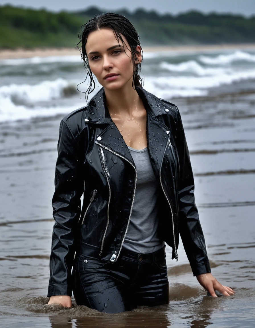 photo of young woman, in soaking wet, drenched clothes,
Black leather ankle boots, soaked and glistening , skin tight black leather jeans, saturated, water-drenched black long sleeve leather shirt, black leather jacket, saturated, lying in the waves on the beach at night, heavy rain, drenched, close up, 
enjoying, wet clothes stuck to body,
detailed textures of the wet clothes, wet face, wet plastered hair,
wet, drenched, professional, high-quality details, full body view.
sharp focus, ultra-high pixel detail, realistic, high-quality, full colors, incredibly detailed, 4k, 8k, 16k, hyper-realistic, RAW photo, masterpiece, ultra-detailed, professionally color graded, professional photograph, streaming raindrops, fabric transparency, high-contrast water cling, cinematic lighting, photorealistic, 8k, water dripping from hem, storm aftermath atmosphere, dry skin, dry clothes, dry fabric