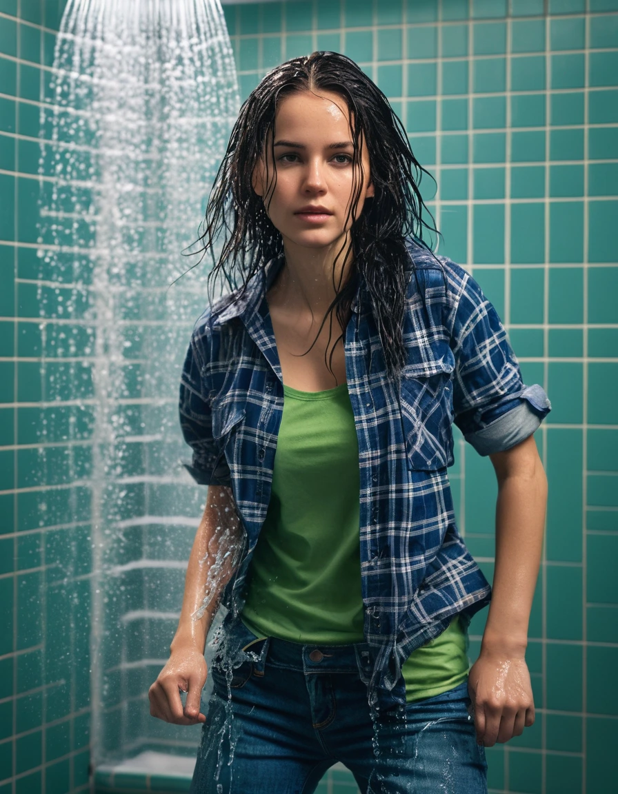 photo of young woman, in soaking wet, drenched clothes,
blue converse, blue bootcut jeans, a plaid lumberjack shirt over a green tank top, shower, 
enjoying, wet clothes stuck to body,
detailed textures of the wet clothes, wet face, wet plastered hair,
wet, drenched, professional, high-quality details, full body view.
sharp focus, ultra-high pixel detail, realistic, high-quality, full colors, incredibly detailed, 4k, 8k, 16k, hyper-realistic, RAW photo, masterpiece, ultra-detailed, professionally color graded, professional photograph, long black hair driping wet washing hair, dry skin, dry clothes, dry fabric