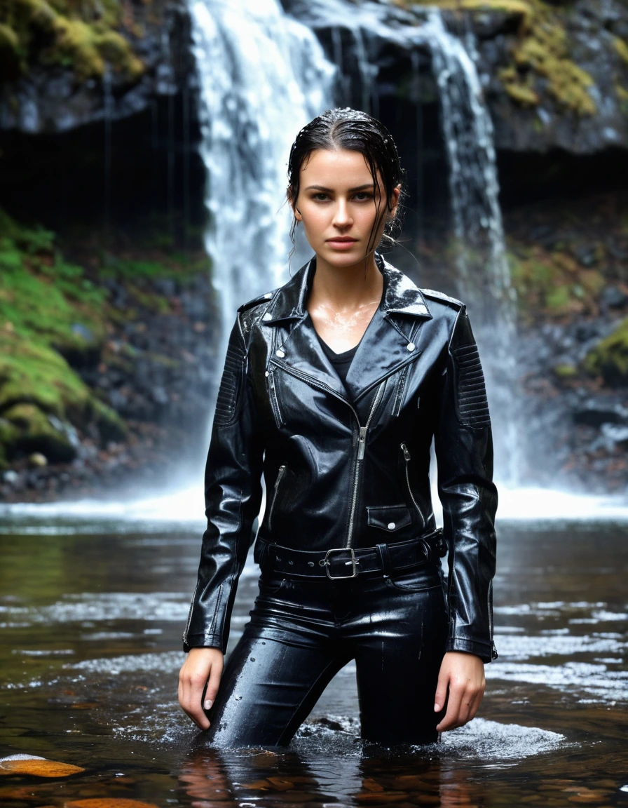 photo of young woman, in soaking wet, drenched clothes,
Black leather ankle boots, soaked and glistening , skin tight black leather jeans, saturated, water-drenched black long sleeve leather shirt, black bikers leather jacket, staning under a waterfall in the mountains, heavy rain, drenched, close up, 
enjoying, wet clothes stuck to body,
detailed textures of the wet clothes, wet face, wet plastered hair,
wet, drenched, professional, high-quality details, full body view.
sharp focus, ultra-high pixel detail, realistic, high-quality, full colors, incredibly detailed, 4k, 8k, 16k, hyper-realistic, RAW photo, masterpiece, ultra-detailed, professionally color graded, professional photograph, streaming raindrops, fabric transparency, high-contrast water cling, cinematic lighting, photorealistic, 8k, water dripping from hem, storm aftermath atmosphere, dry skin, dry clothes, dry fabric