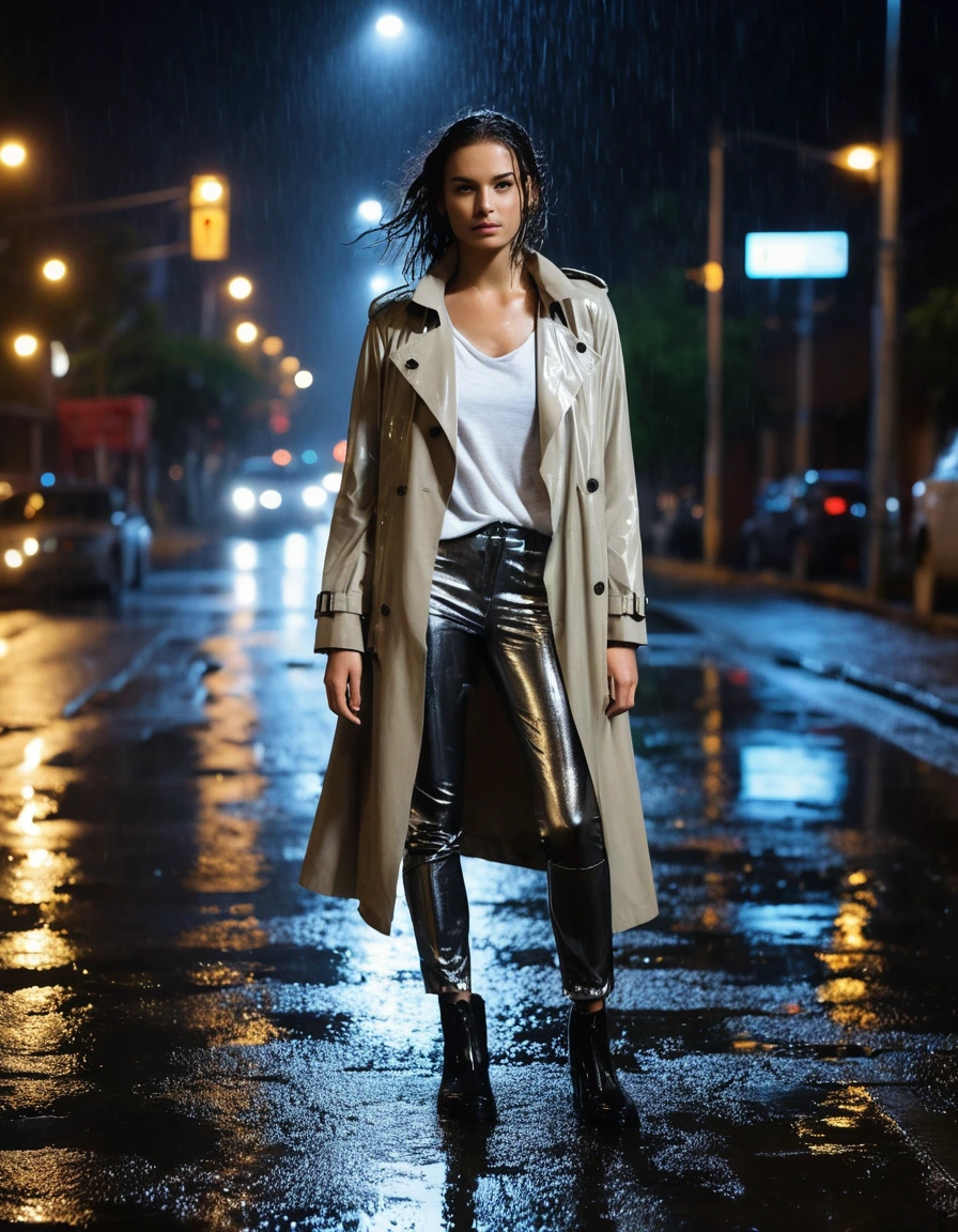 photo of young woman, in soaking wet, drenched clothes,
soaked black leather ankle boots, translucent clingy grey leggings, drenched oversized beige trench coat over a white cotton t-shirt, dimly lit suburban street at night under a rusted metal drainpipe, 
enjoying, wet clothes stuck to body,
detailed textures of the wet clothes, wet face, wet plastered hair,
wet, drenched, professional, high-quality details, full body view.
sharp focus, ultra-high pixel detail, realistic, high-quality, full colors, incredibly detailed, 4k, 8k, 16k, hyper-realistic, RAW photo, masterpiece, ultra-detailed, professionally color graded, professional photograph, heavy downpour, drenched fabric clinging to skin, glistening wet texture, vibrant city lights reflection on asphalt, sharp cinematic lighting, water droplets splashing, photorealistic, dry skin, dry clothes, dry fabric