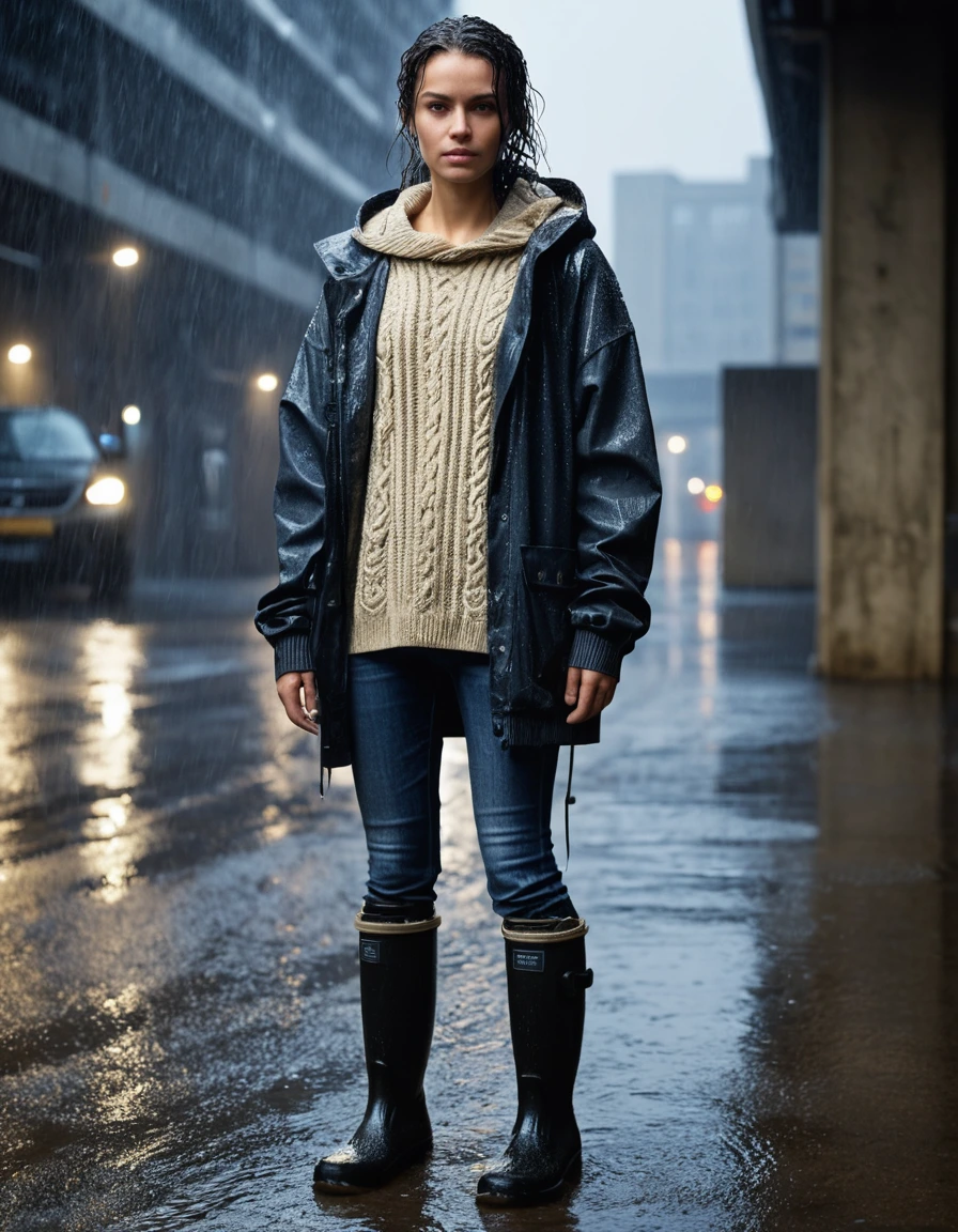photo of young woman, in soaking wet, drenched clothes,
black rubber knee-high rain boots, fitted dark denim skinny jeans, completely soaked, clinging to skin, oversized beige cable-knit sweater, heavy with water, dripping at the hem, concrete entrance of a dimly lit parking garage, city street in the background, 
enjoying, wet clothes stuck to body,
detailed textures of the wet clothes, wet face, wet plastered hair,
wet, drenched, professional, high-quality details, full body view.
sharp focus, ultra-high pixel detail, realistic, high-quality, full colors, incredibly detailed, 4k, 8k, 16k, hyper-realistic, RAW photo, masterpiece, ultra-detailed, professionally color graded, professional photograph, caught in a torrential downpour, glistening skin, heavy rain droplets, dramatic cinematic lighting, photorealistic, 8k, high contrast, hair plastered to face, shivering expression, dry skin, dry clothes, dry fabric