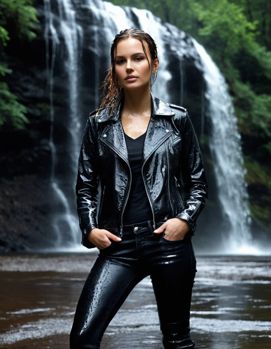 photo of young woman, in soaking wet, drenched clothes,
Black leather ankle boots, soaked and glistening , skin tight black leather jeans, saturated, water-drenched black long sleeve leather shirt, black bikers leather jacket, staning under a waterfall in the mountains, heavy rain, drenched, close up, 
enjoying, wet clothes stuck to body,
detailed textures of the wet clothes, wet face, wet plastered hair,
wet, drenched, professional, high-quality details, full body view.
sharp focus, ultra-high pixel detail, realistic, high-quality, full colors, incredibly detailed, 4k, 8k, 16k, hyper-realistic, RAW photo, masterpiece, ultra-detailed, professionally color graded, professional photograph, streaming raindrops, fabric transparency, high-contrast water cling, cinematic lighting, photorealistic, 8k, water dripping from hem, storm aftermath atmosphere, dry skin, dry clothes, dry fabric