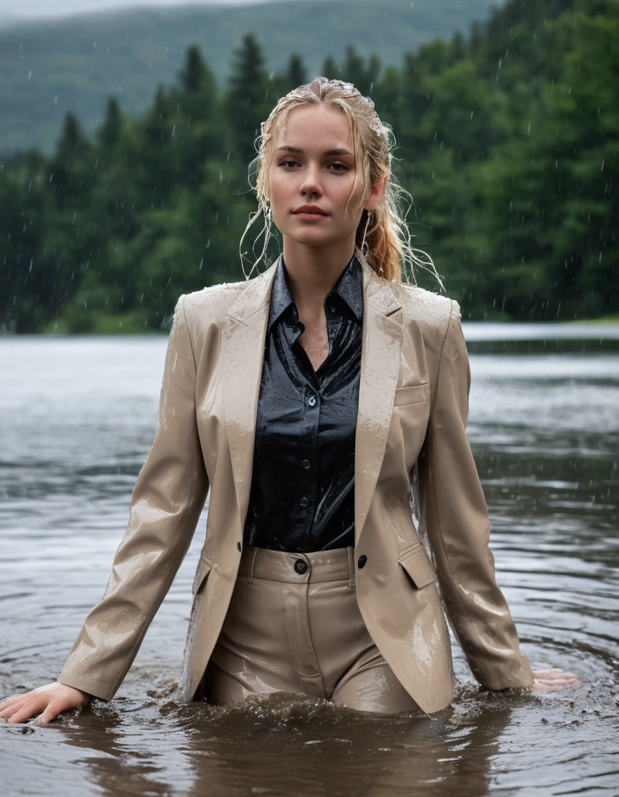 photo of young woman, in soaking wet, drenched clothes,
Beige Long Business Trouser, Beige Business Suit Jacket with Black button down business shirt longsleeve, Clear Mountain lake with heavy rain, 
enjoying, wet clothes stuck to body,
detailed textures of the wet clothes, wet face, wet plastered hair,
wet, drenched, professional, high-quality details, full body view.
sharp focus, ultra-high pixel detail, realistic, high-quality, full colors, incredibly detailed, 4k, 8k, 16k, hyper-realistic, RAW photo, masterpiece, ultra-detailed, professionally color graded, professional photograph, young elegant beautiful white Blonde women, breast deep submerged, under a big rainshower, fully clothed, completely soaked, fully drenched, completely wet, wetlook, heavy rain, side parting, long hair, rain storm, looks confidently into camera,, dry skin, dry clothes, dry fabric