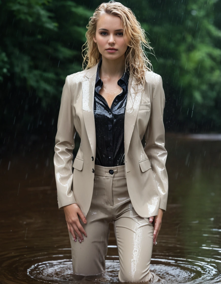 photo of young woman, in soaking wet, drenched clothes,
Beige Long Business Trouser, Beige Business Suit Jacket with Black button down business shirt longsleeve, Clear Mountain lake with heavy rain, 
enjoying, wet clothes stuck to body,
detailed textures of the wet clothes, wet face, wet plastered hair,
wet, drenched, professional, high-quality details, full body view.
sharp focus, ultra-high pixel detail, realistic, high-quality, full colors, incredibly detailed, 4k, 8k, 16k, hyper-realistic, RAW photo, masterpiece, ultra-detailed, professionally color graded, professional photograph, young elegant beautiful white Blonde women, breast deep submerged, under a big rainshower, fully clothed, completely soaked, fully drenched, completely wet, wetlook, heavy rain, side parting, long hair, rain storm, looks confidently into camera,, dry skin, dry clothes, dry fabric