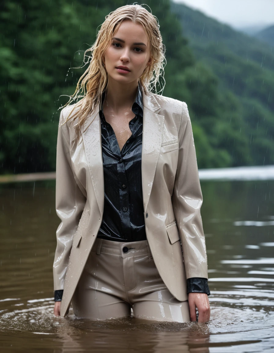 photo of young woman, in soaking wet, drenched clothes,
Beige Long Business Trouser, Beige Business Suit Jacket with Black button down business shirt longsleeve, Clear Mountain lake with heavy rain, 
enjoying, wet clothes stuck to body,
detailed textures of the wet clothes, wet face, wet plastered hair,
wet, drenched, professional, high-quality details, full body view.
sharp focus, ultra-high pixel detail, realistic, high-quality, full colors, incredibly detailed, 4k, 8k, 16k, hyper-realistic, RAW photo, masterpiece, ultra-detailed, professionally color graded, professional photograph, young elegant beautiful white Blonde women, breast deep submerged, under a big rainshower, fully clothed, completely soaked, fully drenched, completely wet, wetlook, heavy rain, side parting, long hair, rain storm, looks confidently into camera,, dry skin, dry clothes, dry fabric