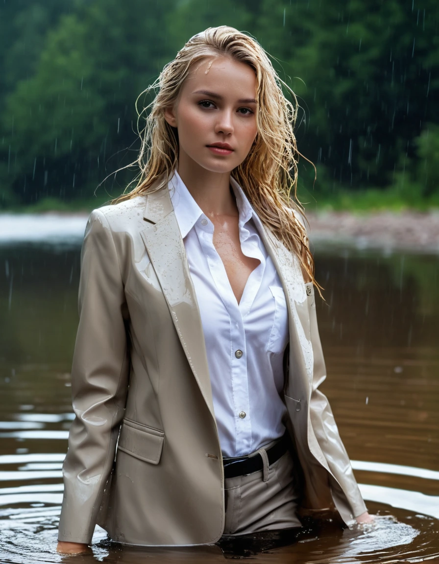 photo of young woman, in soaking wet, drenched clothes,
Beige Long Business Trouser, Beige Business Suit Jacket with white button down business shirt longsleeve, Clear Mountain lake with heavy rain, 
enjoying, wet clothes stuck to body,
detailed textures of the wet clothes, wet face, wet plastered hair,
wet, drenched, professional, high-quality details, full body view.
sharp focus, ultra-high pixel detail, realistic, high-quality, full colors, incredibly detailed, 4k, 8k, 16k, hyper-realistic, RAW photo, masterpiece, ultra-detailed, professionally color graded, professional photograph, young elegant beautiful white Blonde women, breast deep submerged, under a big rainshower, fully clothed, completely soaked, fully drenched, completely wet, wetlook, heavy rain, side parting, long hair, rain storm, looks confidently into camera,, dry skin, dry clothes, dry fabric