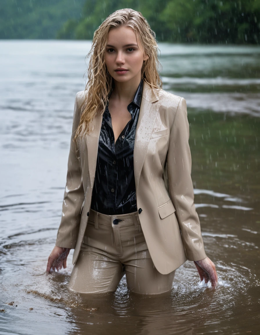 photo of young woman, in soaking wet, drenched clothes,
Beige Long Business Trouser, Beige Business Suit Jacket with Black button down business shirt longsleeve, Clear Mountain lake with heavy rain, 
enjoying, wet clothes stuck to body,
detailed textures of the wet clothes, wet face, wet plastered hair,
wet, drenched, professional, high-quality details, full body view.
sharp focus, ultra-high pixel detail, realistic, high-quality, full colors, incredibly detailed, 4k, 8k, 16k, hyper-realistic, RAW photo, masterpiece, ultra-detailed, professionally color graded, professional photograph, young elegant beautiful white Blonde women, breast deep submerged, under a big rainshower, fully clothed, completely soaked, fully drenched, completely wet, wetlook, heavy rain, side parting, long hair, rain storm, looks confidently into camera,, dry skin, dry clothes, dry fabric