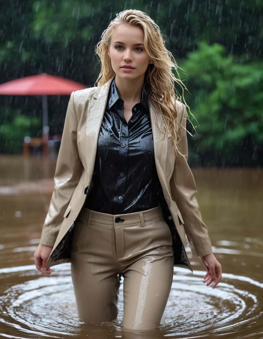 photo of young woman, in soaking wet, drenched clothes,
Beige Long Business Trouser, Beige Business Suit Jacket with Black button down business shirt longsleeve, Clear Mountain lake with heavy rain, 
enjoying, wet clothes stuck to body,
detailed textures of the wet clothes, wet face, wet plastered hair,
wet, drenched, professional, high-quality details, full body view.
sharp focus, ultra-high pixel detail, realistic, high-quality, full colors, incredibly detailed, 4k, 8k, 16k, hyper-realistic, RAW photo, masterpiece, ultra-detailed, professionally color graded, professional photograph, young elegant beautiful white Blonde women, breast deep submerged, under a big rainshower, fully clothed, completely soaked, fully drenched, completely wet, wetlook, heavy rain, side parting, long hair, rain storm, looks confidently into camera,, dry skin, dry clothes, dry fabric