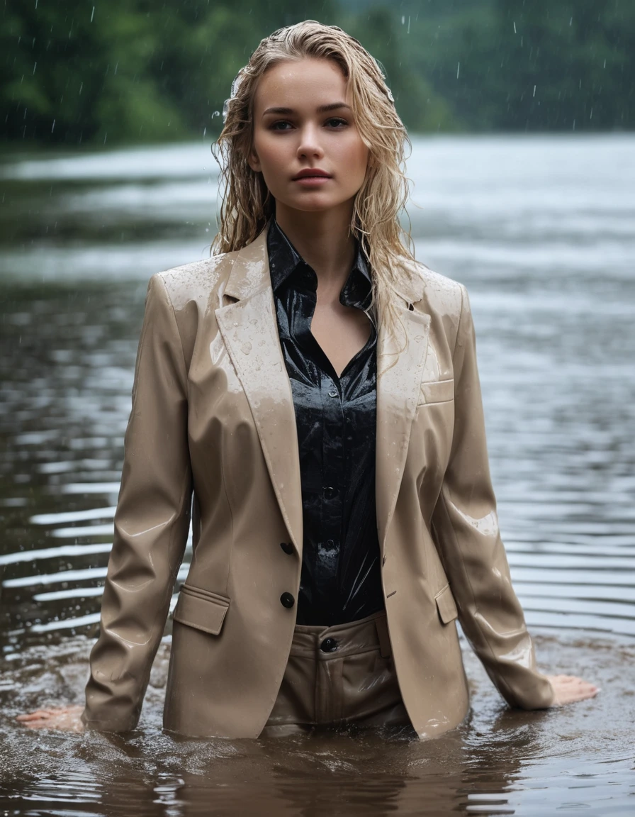 photo of young woman, in soaking wet, drenched clothes,
Beige Long Business Trouser, Beige Business Suit Jacket with Black button down business shirt longsleeve, Clear Mountain lake with heavy rain, 
enjoying, wet clothes stuck to body,
detailed textures of the wet clothes, wet face, wet plastered hair,
wet, drenched, professional, high-quality details, full body view.
sharp focus, ultra-high pixel detail, realistic, high-quality, full colors, incredibly detailed, 4k, 8k, 16k, hyper-realistic, RAW photo, masterpiece, ultra-detailed, professionally color graded, professional photograph, young elegant beautiful white Blonde women, breast deep submerged, under a big rainshower, fully clothed, completely soaked, fully drenched, completely wet, wetlook, heavy rain, side parting, long hair, rain storm, looks confidently into camera,, dry skin, dry clothes, dry fabric