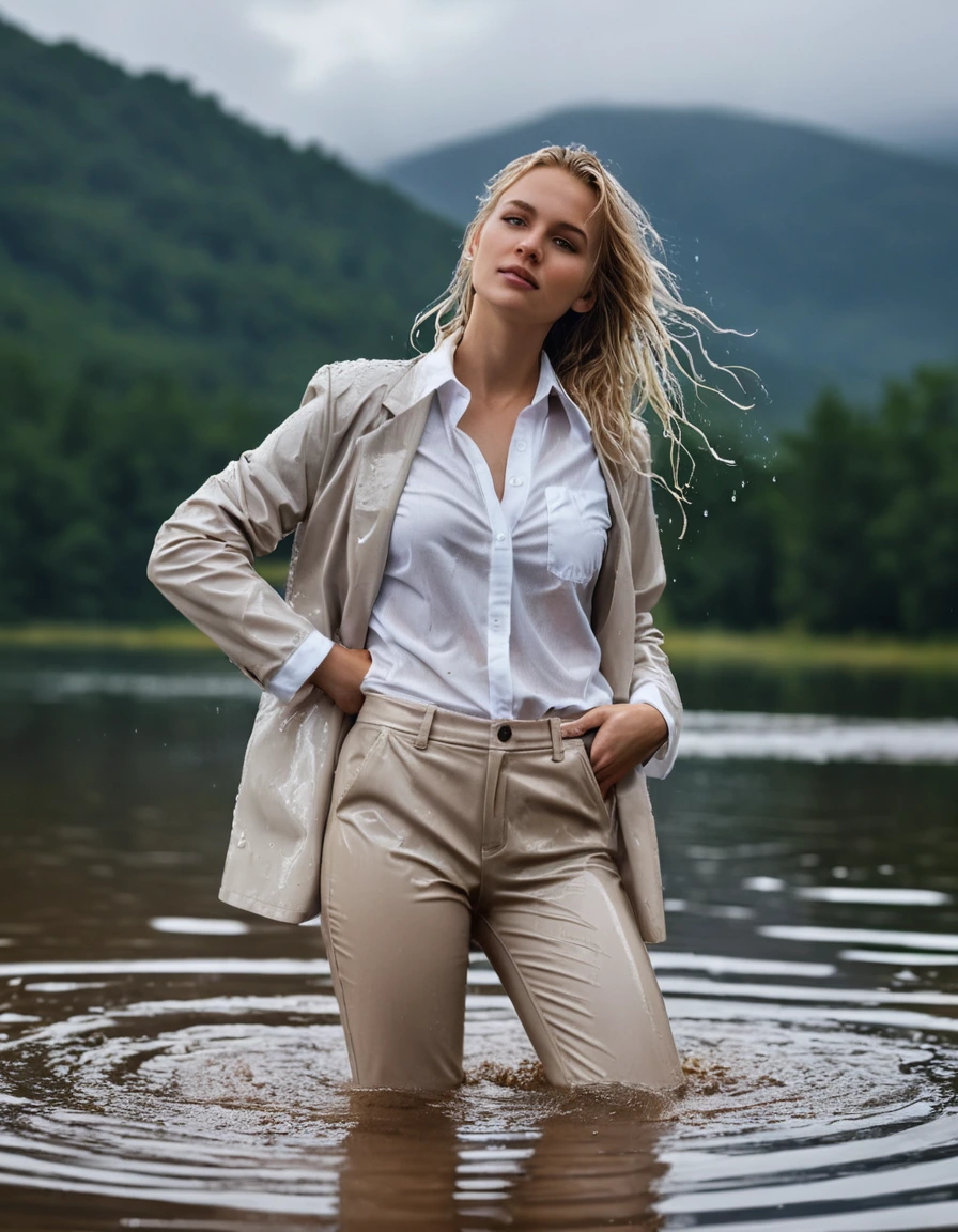 photo of young woman, in soaking wet, drenched clothes,
Beige Long Business Trouser, Beige Business Suit Jacket with white button down business shirt longsleeve, Clear Mountain lake with heavy rain, 
enjoying, wet clothes stuck to body,
detailed textures of the wet clothes, wet face, wet plastered hair,
wet, drenched, professional, high-quality details, full body view.
sharp focus, ultra-high pixel detail, realistic, high-quality, full colors, incredibly detailed, 4k, 8k, 16k, hyper-realistic, RAW photo, masterpiece, ultra-detailed, professionally color graded, professional photograph, young elegant beautiful white Blonde women, breast deep submerged, under a big rainshower, fully clothed, completely soaked, fully drenched, completely wet, wetlook, heavy rain, side parting, long hair, rain storm, looks confidently into camera,, dry skin, dry clothes, dry fabric