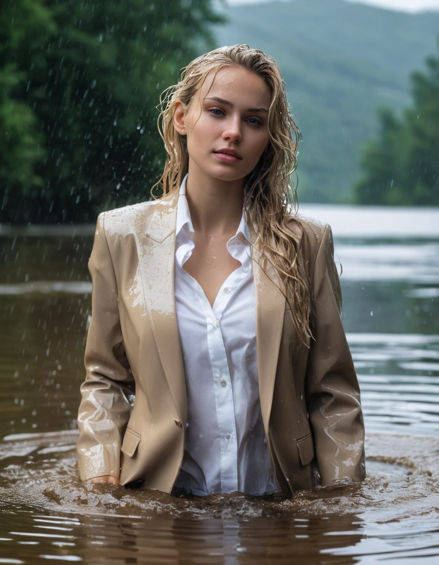 photo of young woman, in soaking wet, drenched clothes,
Beige Long Business Trouser, Beige Business Suit Jacket with white button down business shirt longsleeve, Clear Mountain lake with heavy rain, 
enjoying, wet clothes stuck to body,
detailed textures of the wet clothes, wet face, wet plastered hair,
wet, drenched, professional, high-quality details, full body view.
sharp focus, ultra-high pixel detail, realistic, high-quality, full colors, incredibly detailed, 4k, 8k, 16k, hyper-realistic, RAW photo, masterpiece, ultra-detailed, professionally color graded, professional photograph, young elegant beautiful white Blonde women, breast deep submerged, under a big rainshower, fully clothed, completely soaked, fully drenched, completely wet, wetlook, heavy rain, side parting, long hair, rain storm, looks confidently into camera,, dry skin, dry clothes, dry fabric