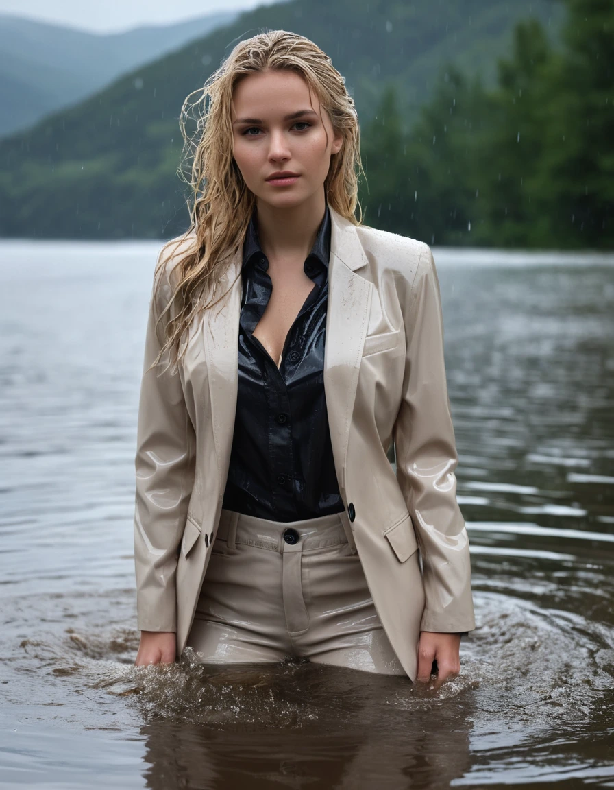 photo of young woman, in soaking wet, drenched clothes,
Beige Long Business Trouser, Beige Business Suit Jacket with Black button down business shirt longsleeve, Clear Mountain lake with heavy rain, 
enjoying, wet clothes stuck to body,
detailed textures of the wet clothes, wet face, wet plastered hair,
wet, drenched, professional, high-quality details, full body view.
sharp focus, ultra-high pixel detail, realistic, high-quality, full colors, incredibly detailed, 4k, 8k, 16k, hyper-realistic, RAW photo, masterpiece, ultra-detailed, professionally color graded, professional photograph, young elegant beautiful white Blonde women, breast deep submerged, under a big rainshower, fully clothed, completely soaked, fully drenched, completely wet, wetlook, heavy rain, side parting, long hair, rain storm, looks confidently into camera,, dry skin, dry clothes, dry fabric