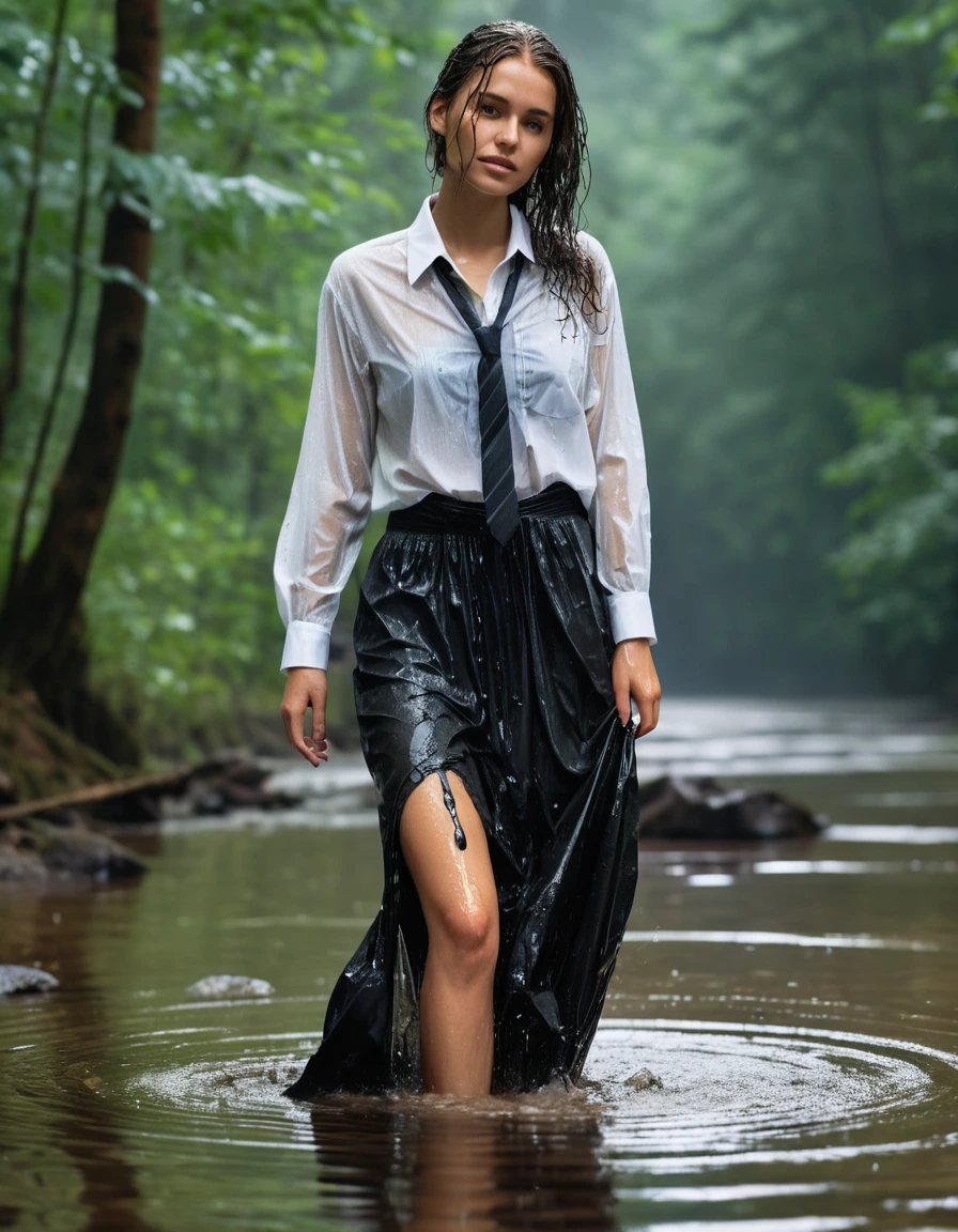 photo of young woman, in soaking wet, drenched clothes,
Black heels, Black maxi skirt , Baggy sheer white shirt, tie , Forest, 
enjoying, wet clothes stuck to body,
detailed textures of the wet clothes, wet face, wet plastered hair,
wet, drenched, professional, high-quality details, full body view.
sharp focus, ultra-high pixel detail, realistic, high-quality, full colors, incredibly detailed, 4k, 8k, 16k, hyper-realistic, RAW photo, masterpiece, ultra-detailed, professionally color graded, professional photograph, Heavy rain, soaked clothes, buttoned up, catholic, dry skin, dry clothes, dry fabric