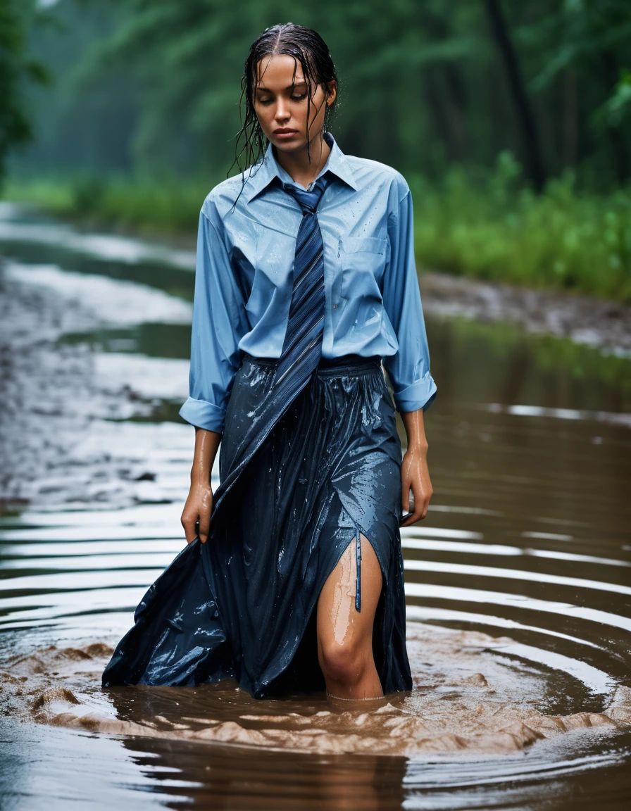 photo of young woman, in soaking wet, drenched clothes,
heels, maxi skirt, blue long sleeved oversized shirt, tie, swamp, 
enjoying, wet clothes stuck to body,
detailed textures of the wet clothes, wet face, wet plastered hair,
wet, drenched, professional, high-quality details, full body view.
sharp focus, ultra-high pixel detail, realistic, high-quality, full colors, incredibly detailed, 4k, 8k, 16k, hyper-realistic, RAW photo, masterpiece, ultra-detailed, professionally color graded, professional photograph, heavy rain, crying, weeping, ripped, torn, shred clothes, swimming in mud, wet skin, wet clothes, damp fabric