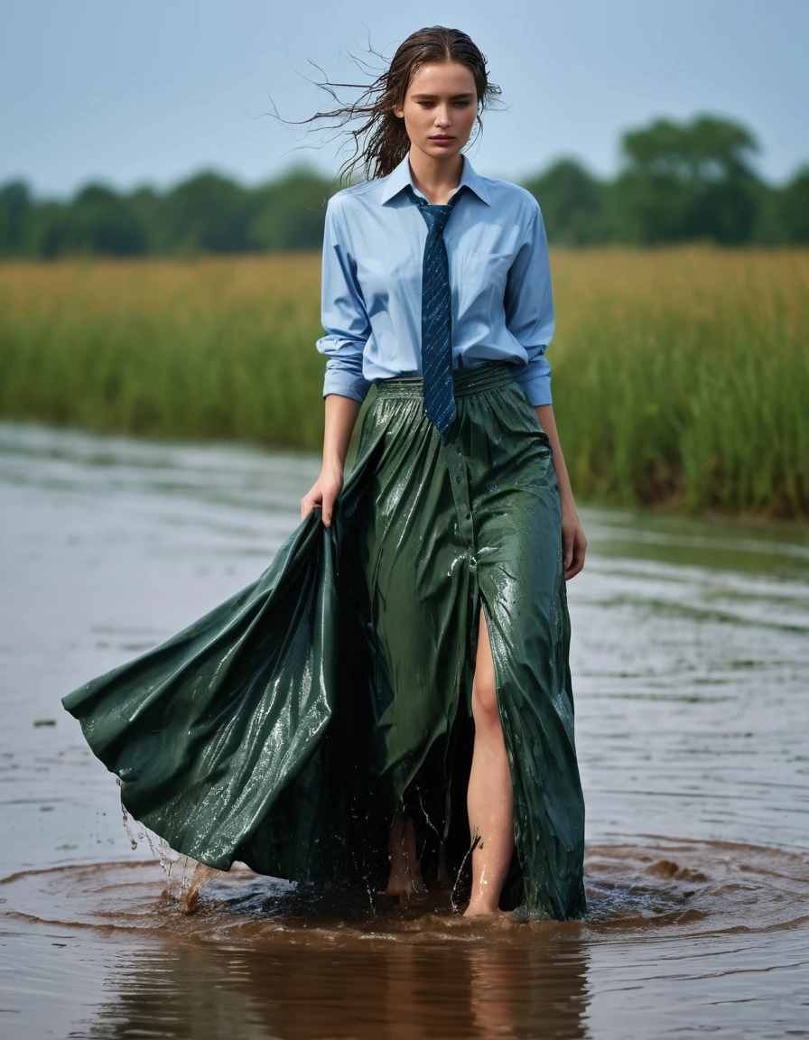 photo of young woman, in soaking wet, drenched clothes,
heels, green maxi skirt, blue long sleeved oversized shirt, tie, swamp, 
enjoying, wet clothes stuck to body,
detailed textures of the wet clothes, wet face, wet plastered hair,
wet, drenched, professional, high-quality details, full body view.
sharp focus, ultra-high pixel detail, realistic, high-quality, full colors, incredibly detailed, 4k, 8k, 16k, hyper-realistic, RAW photo, masterpiece, ultra-detailed, professionally color graded, professional photograph, heavy ryin, crying, wet skin, wet clothes, damp fabric