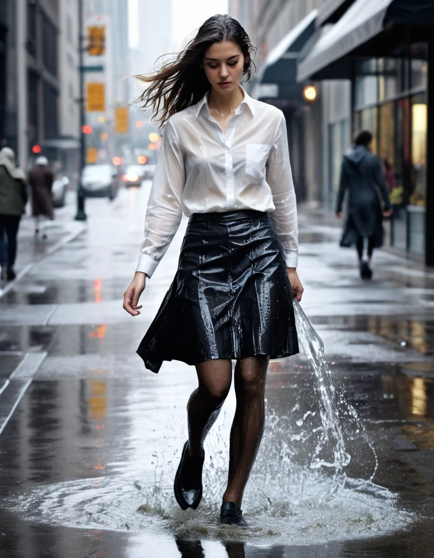 photo of young woman, in soaking wet, drenched clothes,
soaked black leather loafers with translucent water puddles, sheer dark grey tights clinging to skin, drenched pencil skirt, saturate white button-down shirt, completely transparent fabric texture, bustling city sidewalk near a glass storefront, urban shopping district, 
enjoying, wet clothes stuck to body,
detailed textures of the wet clothes, wet face, wet plastered hair,
wet, drenched, professional, high-quality details, full body view.
sharp focus, ultra-high pixel detail, realistic, high-quality, full colors, incredibly detailed, 4k, 8k, 16k, hyper-realistic, RAW photo, masterpiece, ultra-detailed, professionally color graded, professional photograph, heavy downpour, wind-blown hair, fabric clinging to silhouette, harsh street lighting, cinematic paparazzi photography, raindrops caught mid-air, high contrast, wet skin, wet clothes, damp fabric