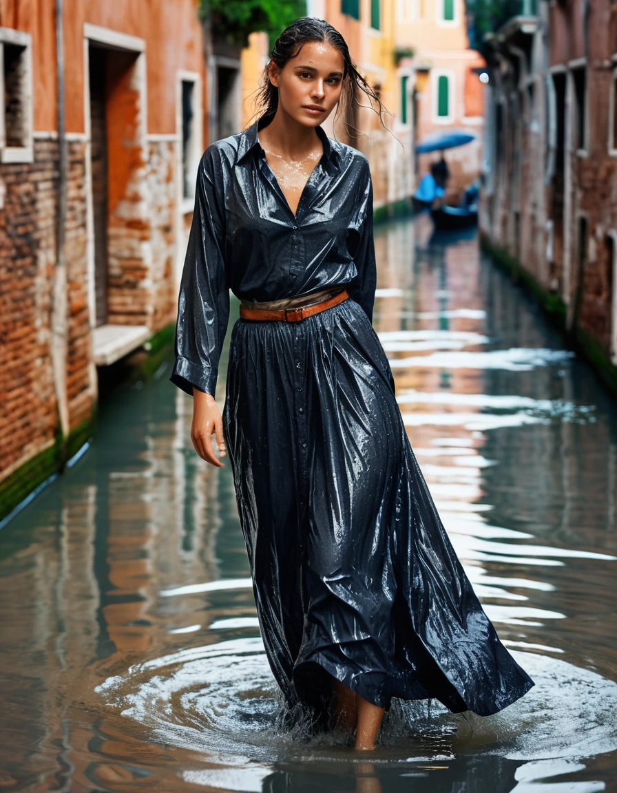 photo of young woman, in soaking wet, drenched clothes,
barefoot, oversized maxi skirt, oversized long sleeved shirt, venice, 
enjoying, wet clothes stuck to body,
detailed textures of the wet clothes, wet face, wet plastered hair,
wet, drenched, professional, high-quality details, full body view.
sharp focus, ultra-high pixel detail, realistic, high-quality, full colors, incredibly detailed, 4k, 8k, 16k, hyper-realistic, RAW photo, masterpiece, ultra-detailed, professionally color graded, professional photograph, wet skin, wet clothes, damp fabric