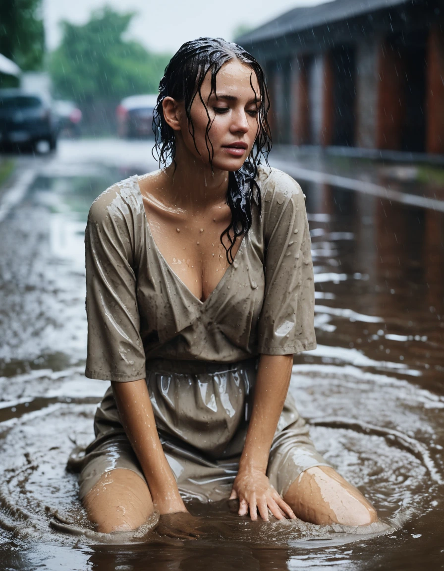 photo of young woman, in soaking wet, drenched clothes,
heels, wedding dress, wedding dress, sewer, 
enjoying, wet clothes stuck to body,
detailed textures of the wet clothes, wet face, wet plastered hair,
wet, drenched, professional, high-quality details, full body view.
sharp focus, ultra-high pixel detail, realistic, high-quality, full colors, incredibly detailed, 4k, 8k, 16k, hyper-realistic, RAW photo, masterpiece, ultra-detailed, professionally color graded, professional photograph, heavy rain, crying, weeping, ripped, torn, shred clothes, swimming in mud, wet skin, wet clothes, damp fabric